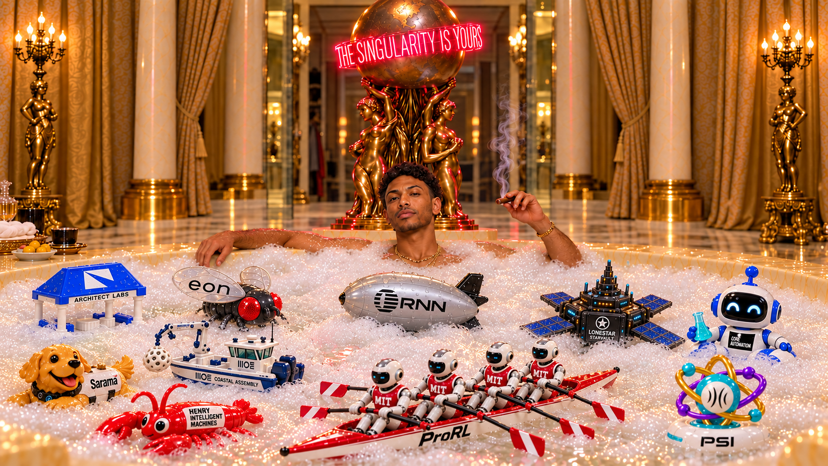 Devon Triplett reclines with a cigar in a lavish gold-and-marble bubble bath beneath a globe reading The Singularity Is Yours. Ten branded portfolio-company toys surround him, including a fly, dog, lobster, airship, workboat, space installation, atom, pavilion, robot scientist, and robotic rowing crew.
