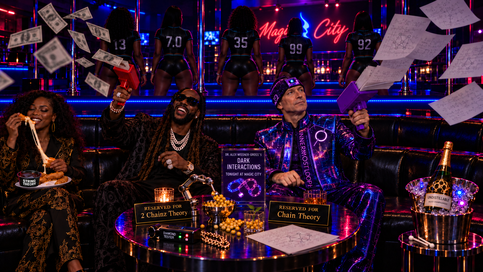 A neon-lit fictional Magic City nightclub scene shows 2 Chainz spraying banknotes beside Dr. Alex Wissner-Gross in purple Innermost Loop couture spraying research pages. Five performers display 13, 7.0, 35, 99, and 92 across their backs. A seated woman stretches mozzarella above a String Theory dipping cup. The foreground table holds reservation cards, a robot arm, yellow kernels, a sprout, and a diamond tester; an Undistillable bottle sits at right.