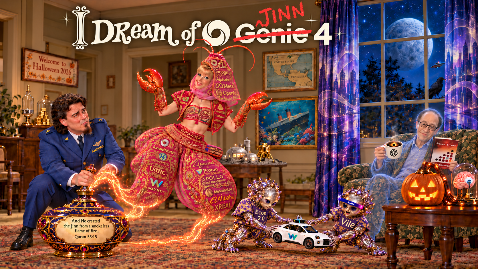 Surreal living room: Palmer Luckey, cast as Tony Nelson, holds a genie-bottle stopper beside a lobster-clawed Jeannie in company-logo brocade. A translucent Ray Kurzweil reads Accelerando beside a wired pumpkin, while two crystalline creatures tug a Waymo toy car.