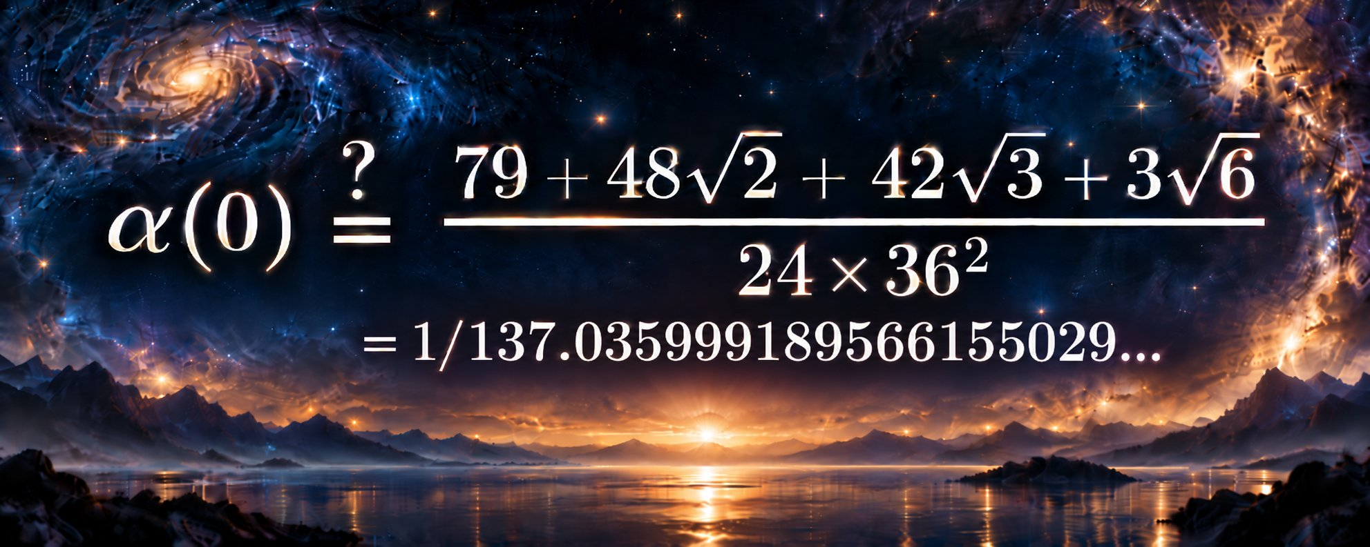 A fine-structure-constant equation with a question mark above its equality sign stretches across a cosmic sky above mountains and reflective water.