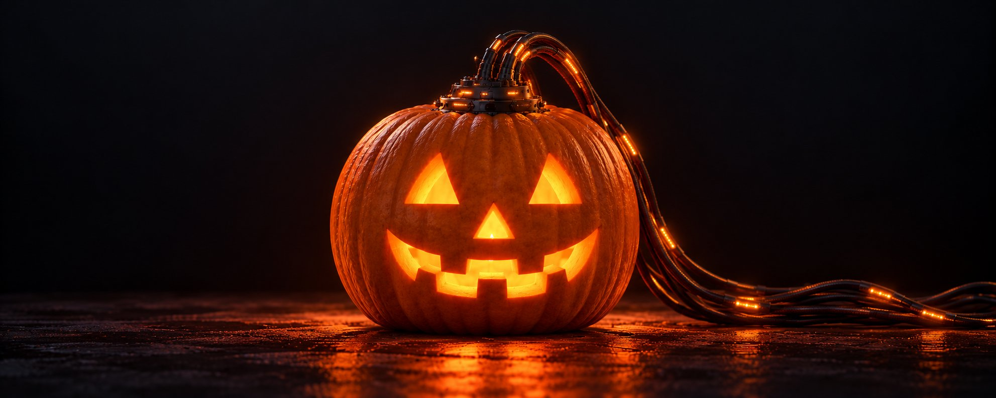 An orange jack-o’-lantern glows through triangular eyes, a triangular nose, and a broad carved grin against a nearly black background. A metal collar at its crown connects thick cables dotted with amber lights. The cables curve to the right across a dark, reflective surface.