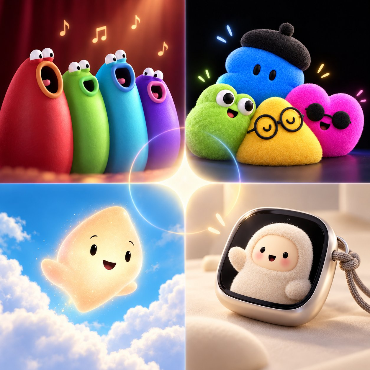Four groups of colorful digital mascots surround a central sparkle: four singing blobs at upper left, four fuzzy companions at upper right, a floating golden figure at lower left and a waving creature on a portable charm-like display at lower right.