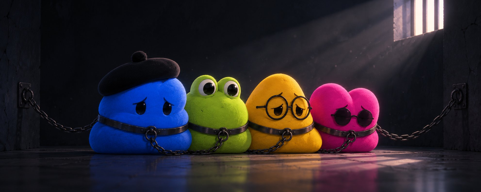 Four distressed plush creatures—a blue figure wearing a black beret, a lime-green figure, a yellow figure with round spectacles and a pink heart with dark glasses—sit chained together in a stone prison beneath light entering through a barred window.