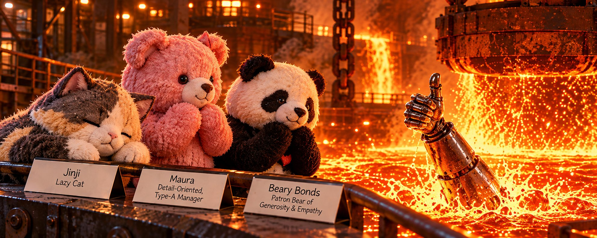 A plush calico cat labeled “Jinji — Lazy Cat,” a pink bear labeled “Maura — Detail-Oriented, Type-A Manager,” and a panda labeled “Beary Bonds — Patron Bear of Generosity & Empathy” stand behind a metal railing in a fiery foundry. At right, a metallic robotic arm gives a thumbs-up above splashing molten metal beneath a suspended industrial vessel.