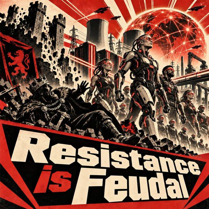Square red, cream and black illustration. A crowned, fur-cloaked ruler falls amid shattered castle walls at left beneath a heraldic lion banner. Humanlike cybernetic figures advance at center and right before cooling towers, electricity pylons, illuminated buildings and industrial robot arms. Aircraft cross a red networked globe above them. Large diagonal lettering below reads “Resistance is Feudal.”
