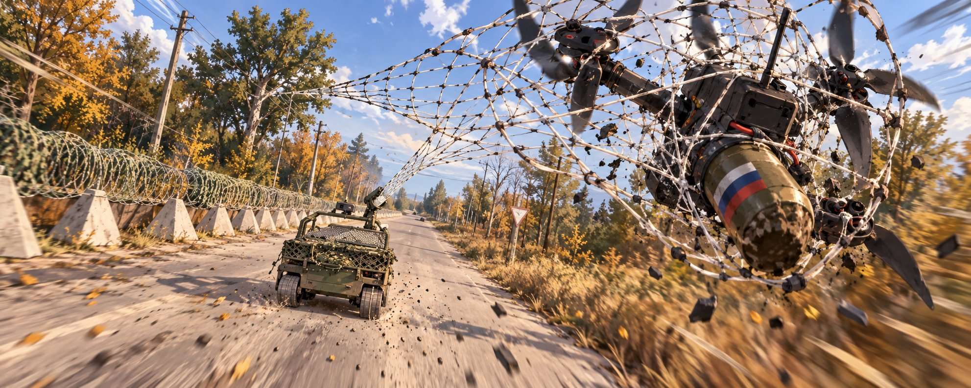 A Russian-flagged quadcopter carrying a cylindrical payload is tangled in a net above a small camouflaged ground robot on an autumn road bordered by concrete barriers, razor wire and power lines.