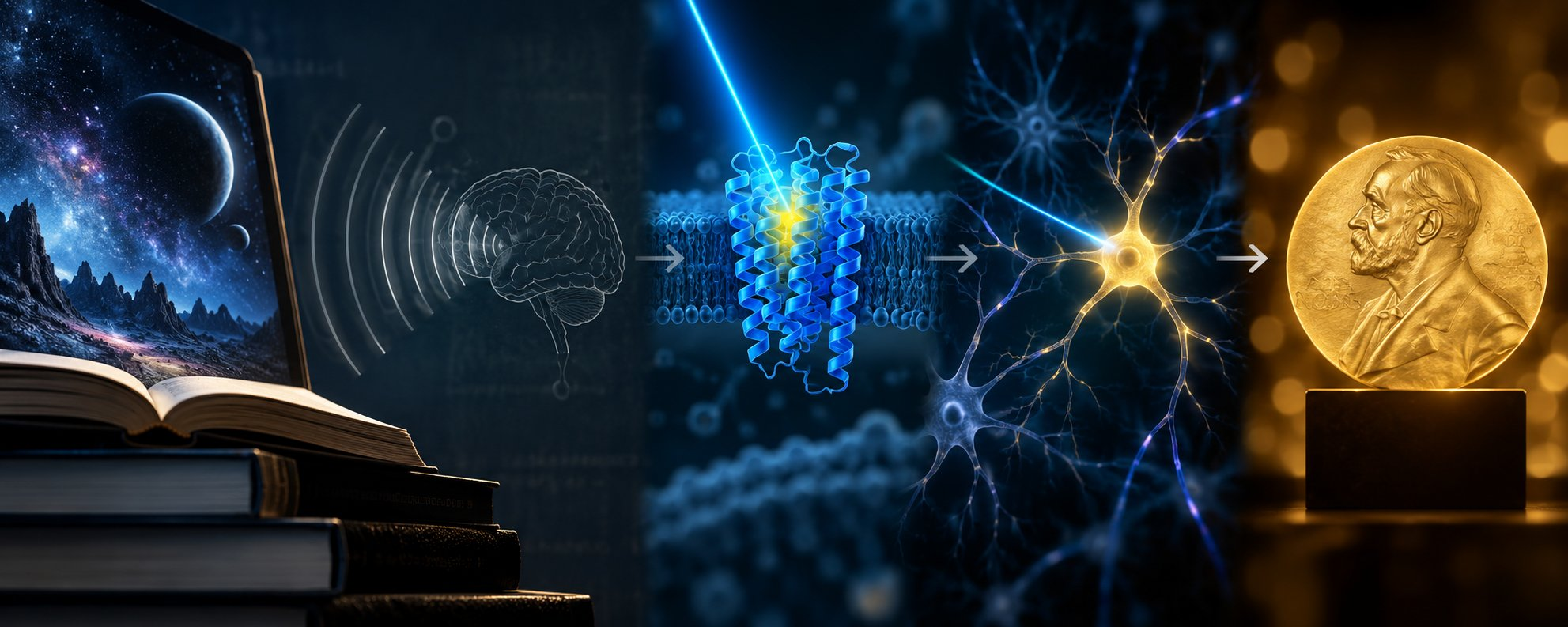 A wide blue-and-gold scientific illustration moves from an open book and starry landscape through a brain, a light-sensitive membrane protein and a glowing neuron to a golden Nobel medal.