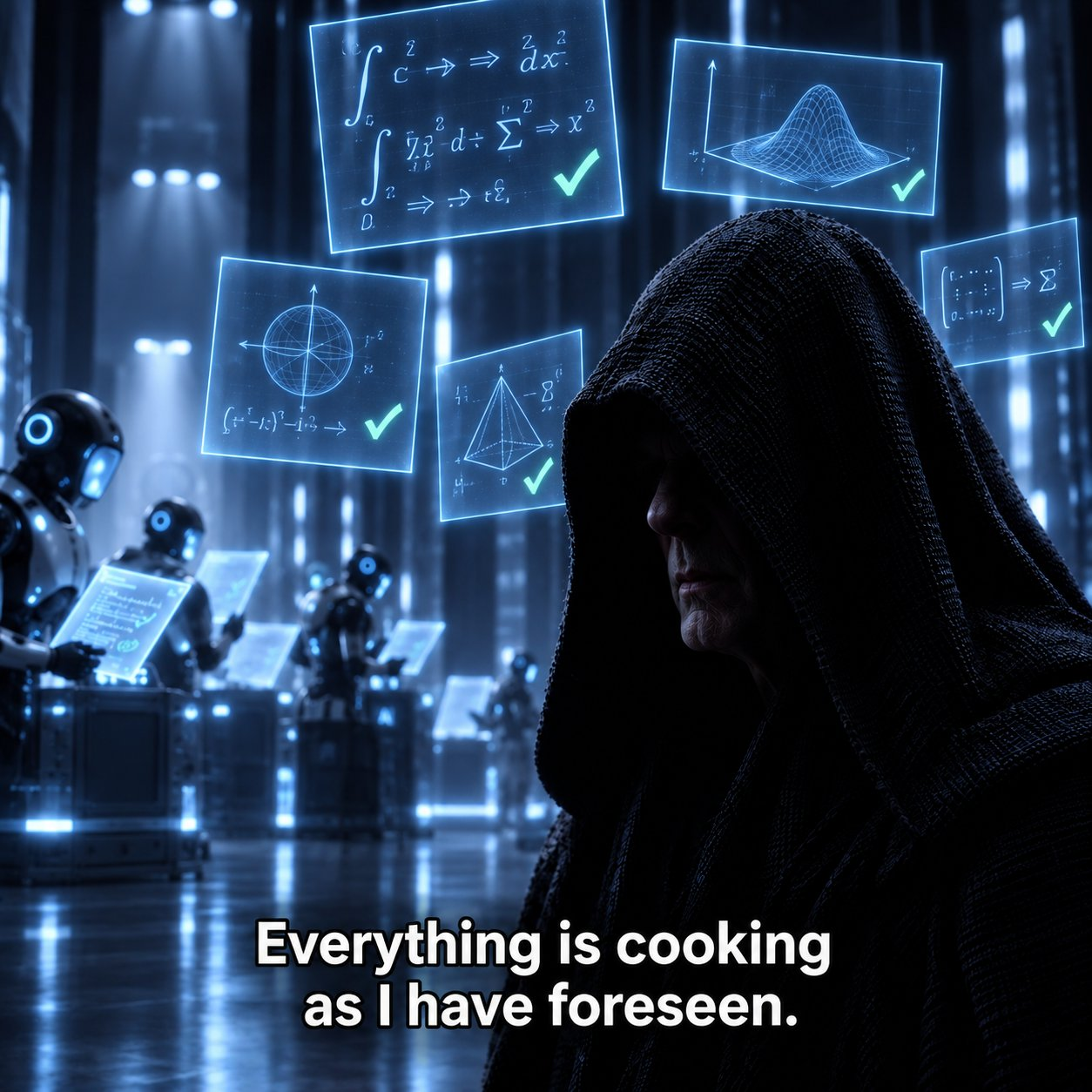 A hooded Emperor Palpatine stands in a blue-lit laboratory with humanoid robots and floating mathematical panels carrying green checkmarks. Large white text reads “Everything is cooking as I have foreseen.”