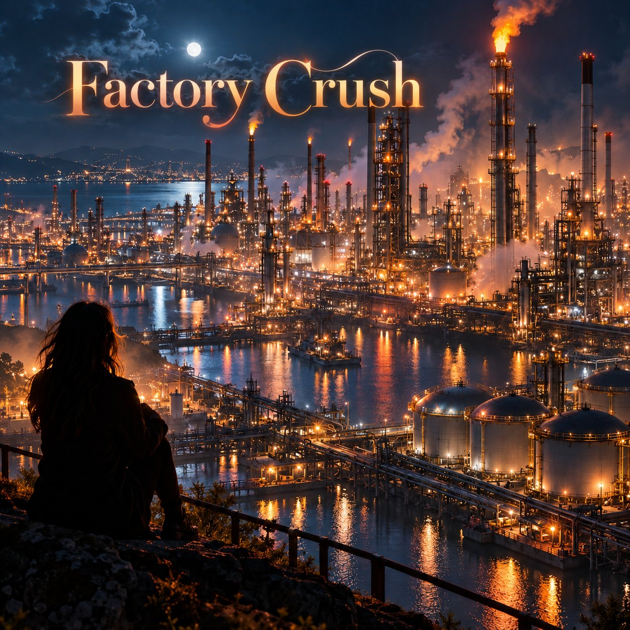 An unidentified person sits at a rocky overlook above a glowing waterfront refinery, with storage tanks, pipelines, flare stacks, moonlight and orange reflections. Large gold lettering reads “Factory Crush.”