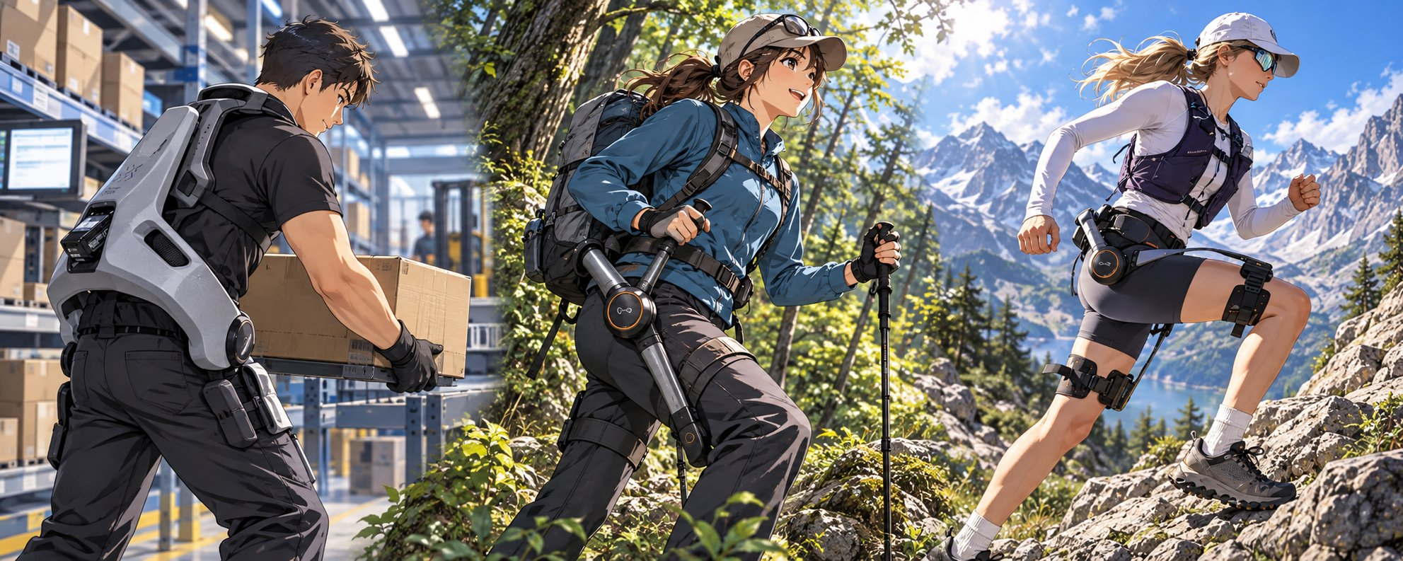 A wide anime-inspired illustration of three unnamed people using robotic exoskeletons: a warehouse worker lifting a box, a hiker with backpack and trekking poles on a woodland trail, and a runner climbing above a blue alpine lake and mountains.