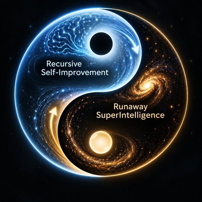 A luminous yin-yang composition combines an electric-blue brain and dark circular center with golden spirals and a radiant sphere. Curved arrows connect fields labeled Recursive Self-Improvement and Runaway SuperIntelligence.