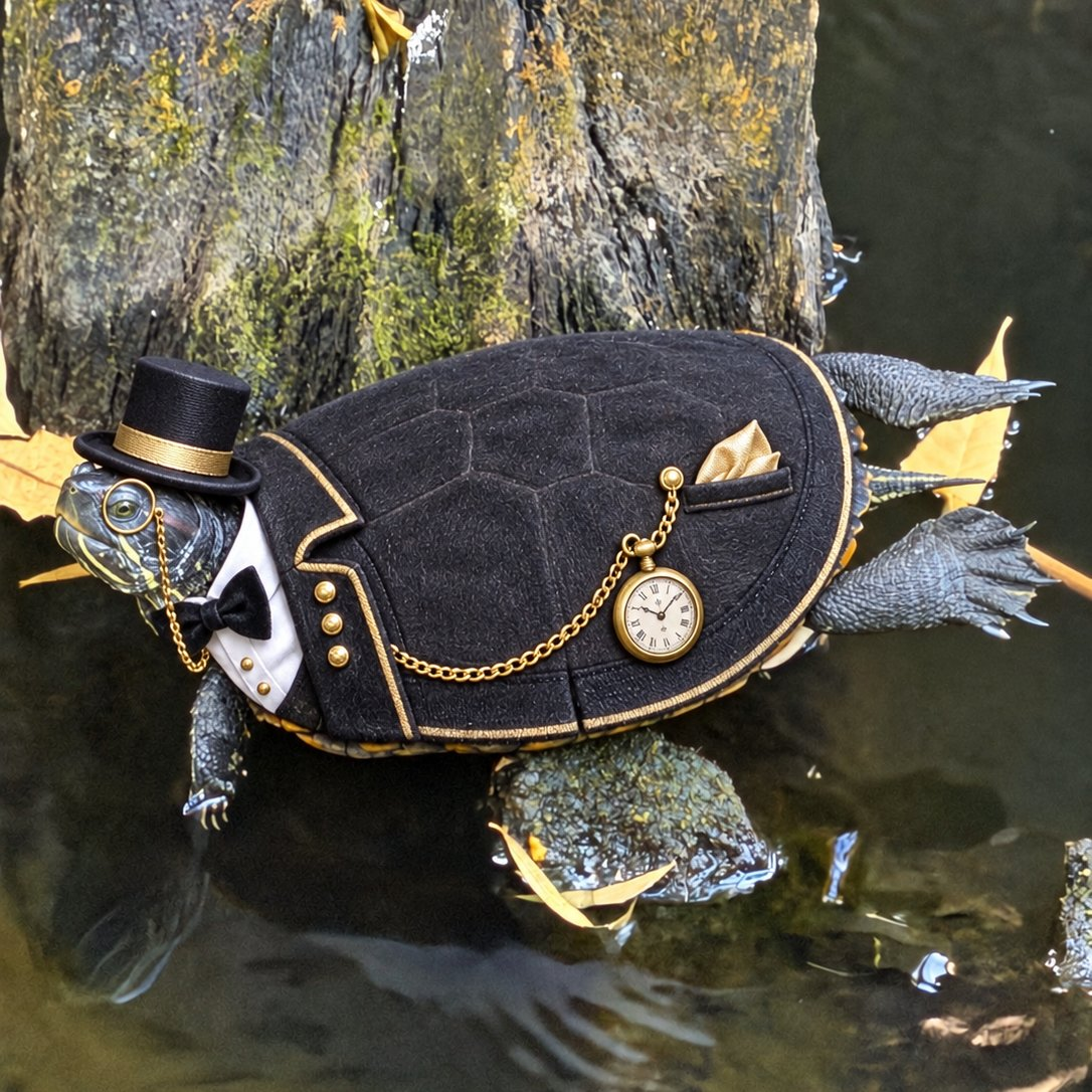 A turtle rests beside a wet log in a pond, wearing a black top hat, gold-rimmed monocle, white collar and bow tie. Its fitted black shell-covering coat has gold trim, a pocket square and a gold pocket watch and chain; yellow leaves float on the dark water.
