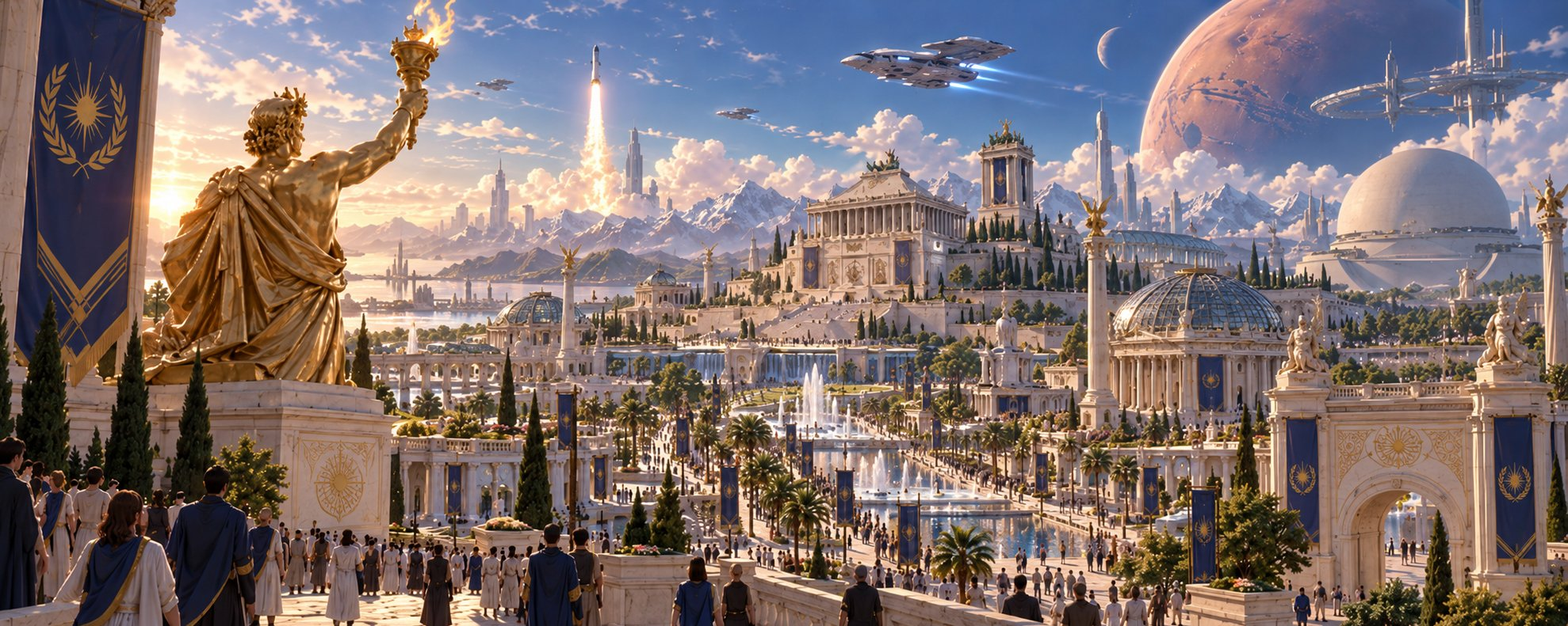 A panoramic classical-futuristic city of white colonnades, domes, gardens, cascades and reflecting pools. A colossal golden torch-bearing statue overlooks people descending broad stairs. A rocket, spacecraft, a ring-shaped structure and enormous planetary forms fill the sky; blue banners carry gold sunburst-and-laurel motifs.