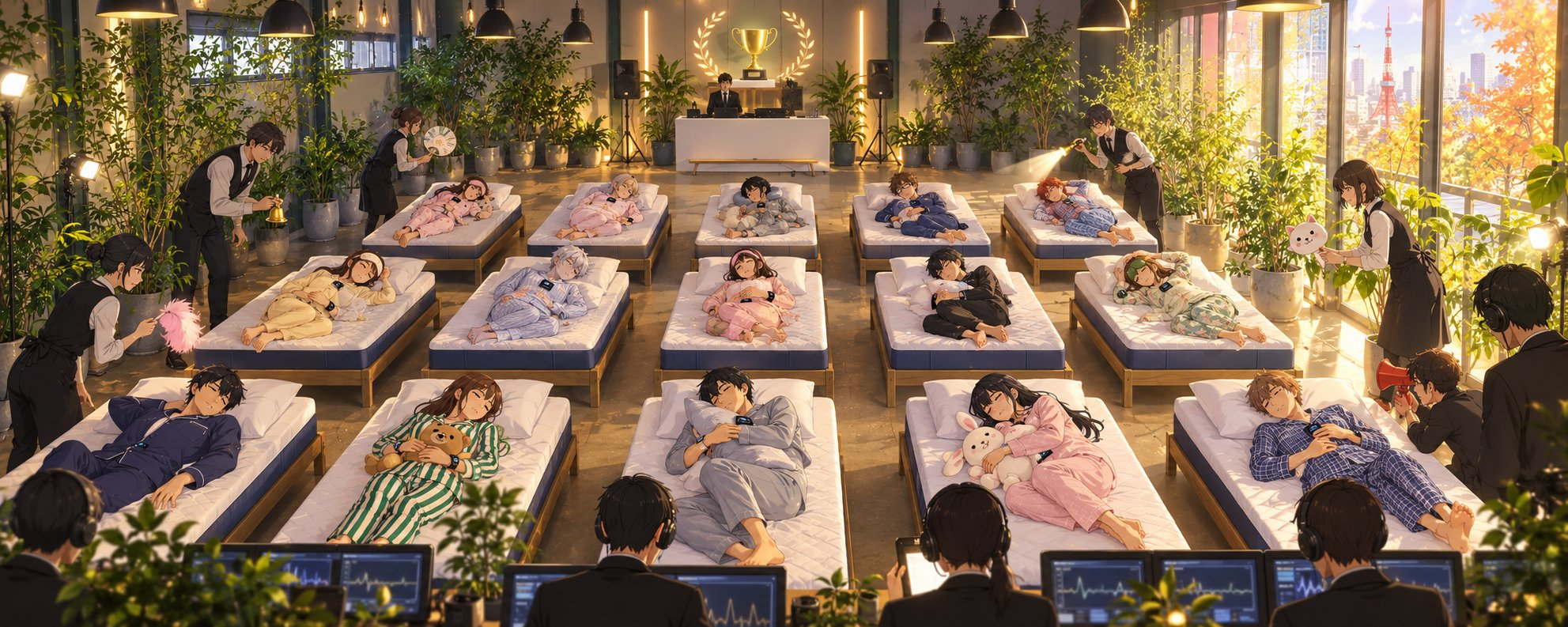 A wide anime-style illustration of fifteen pajama-clad sleepers in three rows of five beds. Attendants carry playful distractions while headphone-wearing operators watch monitors in the foreground. A golden trophy and illuminated laurels rise above an official's desk. Warm autumn light, potted plants and Tokyo Tower beyond the windows frame the room.