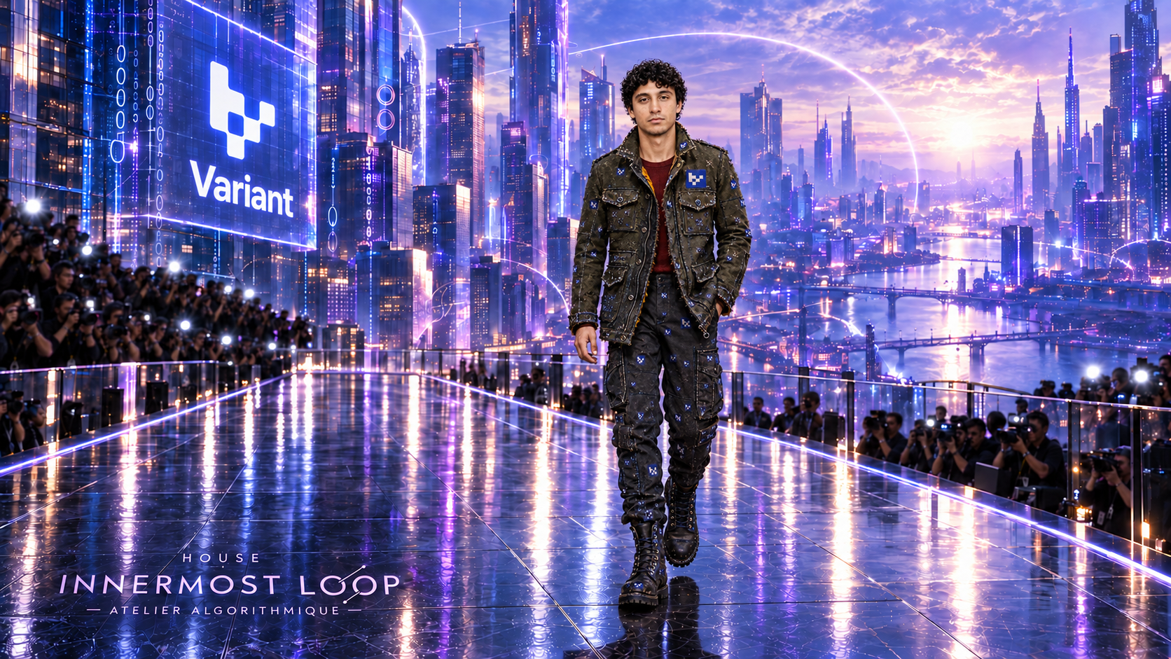 Elijah Fox wears a distressed olive field jacket with blue Variant emblems, a burgundy shirt, dark cargo trousers and heavy boots on a reflective runway beneath a Variant tower and violet skyline.