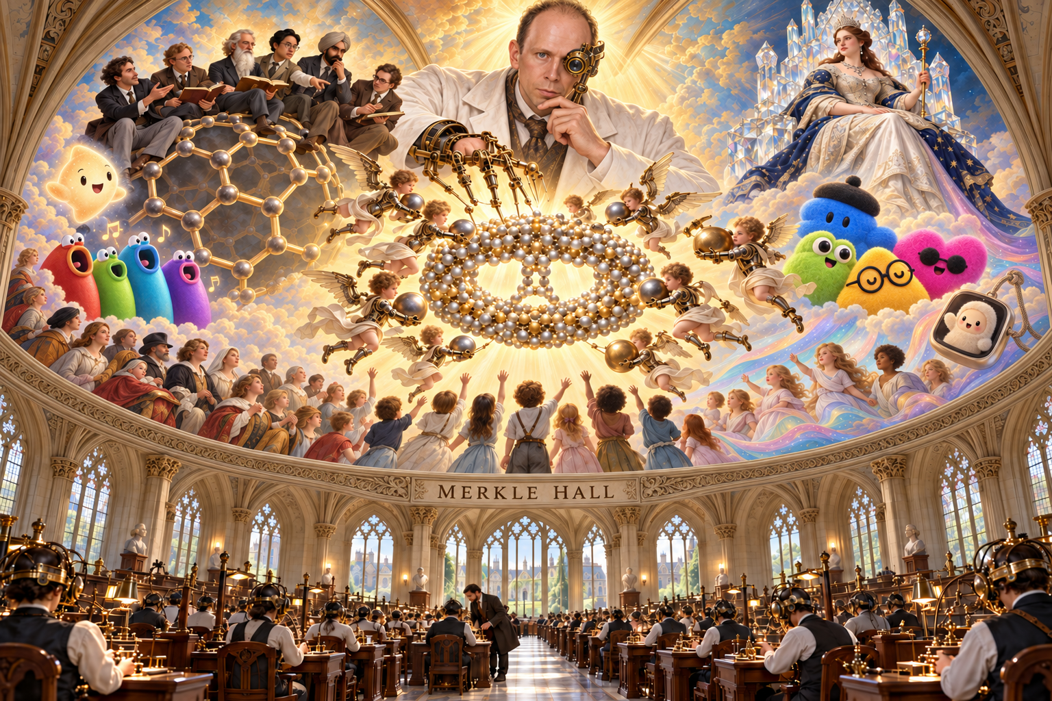A vaulted engineering hall contains rows of workers beneath a golden ceiling fresco. Alex Wissner-Gross appears as its central Engineer with a one-eye instrument. Scholars gather on a buckyball, Queen Victoria II sits on a diamond throne, cherubs handle atoms, and ten colorful digital mascots mingle with generations of children.