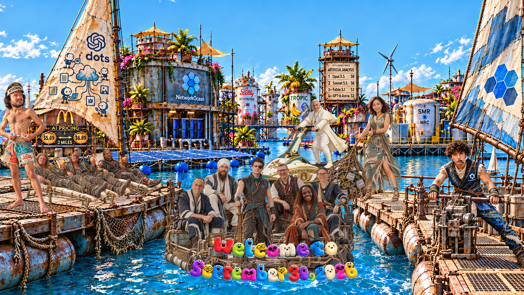 Sunlit Waterworld-inspired harbor with branded computing and biotechnology towers, floating solar panels, three reclining film characters, an exaggerated Pilot, Sam Mendel at a helm, Fei-Fei Li hauling AMD chips, six thinkers on a raft, Pope Leo XIV on a jet ski and chained plush letters spelling Welcome to September 30, 2026.