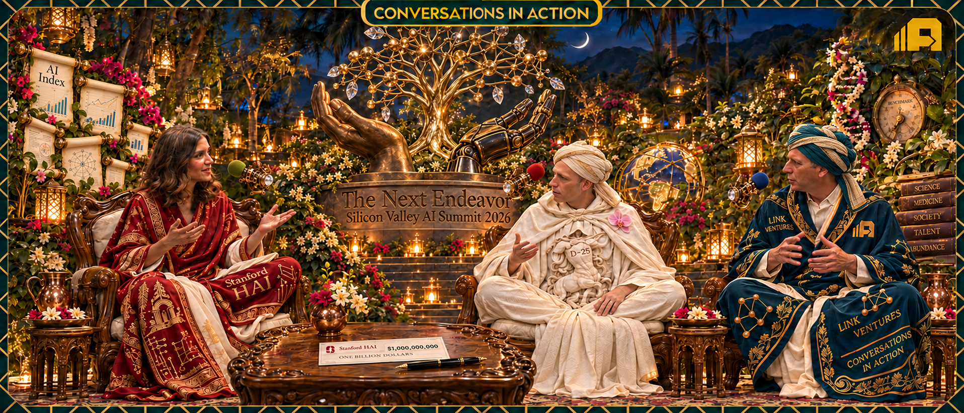 Alex Wissner-Gross, Vanessa Parli and John Werner sit in elaborate robes in a luminous garden beneath a golden tree supported by human and robotic hands; scrolls, a check and floating microphones surround them.