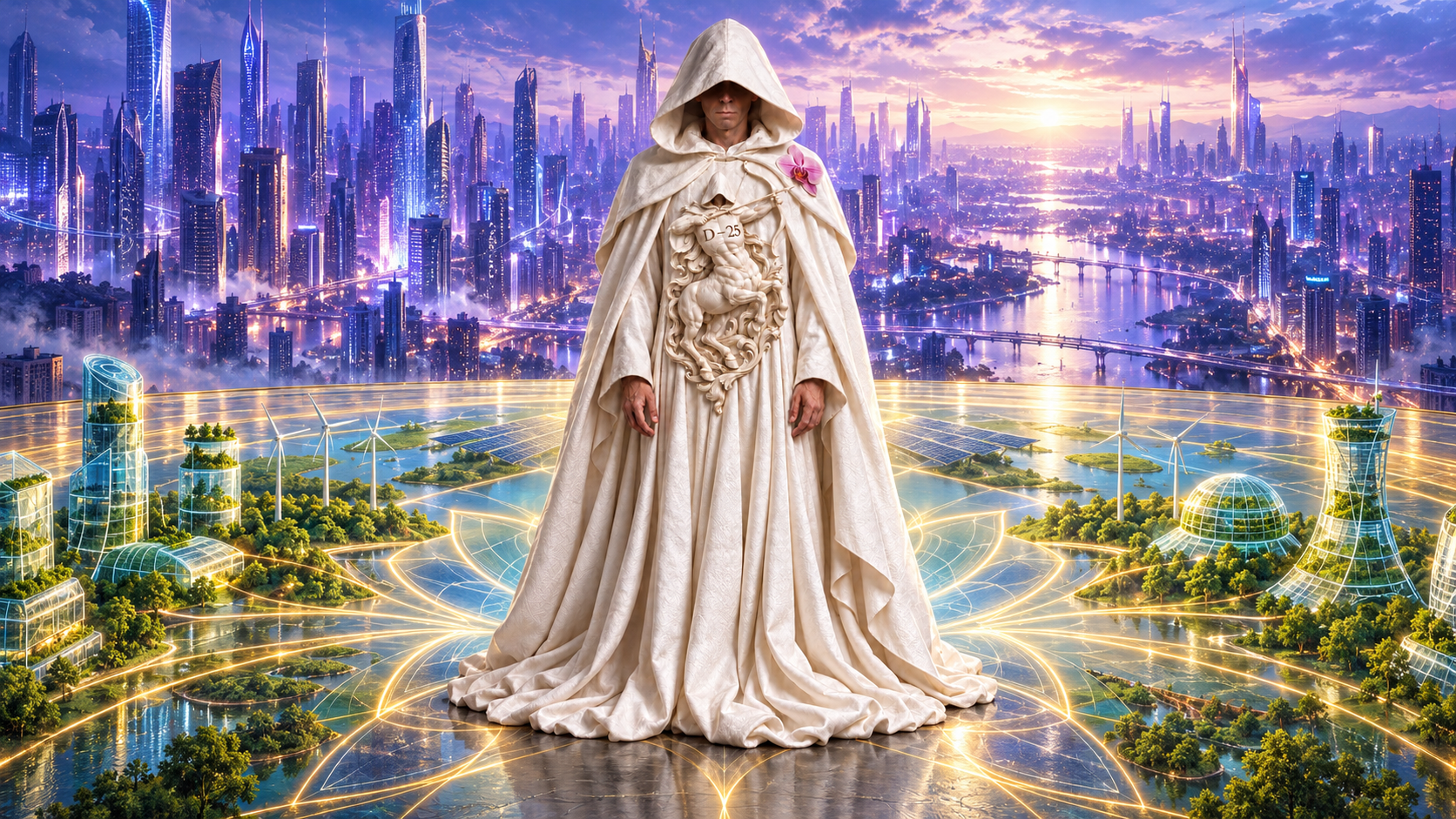 Alex Wissner-Gross stands in a hooded ivory gown decorated with a D-25 centaur and one pink orchid, above an illuminated abundance landscape with a violet futuristic city behind him.