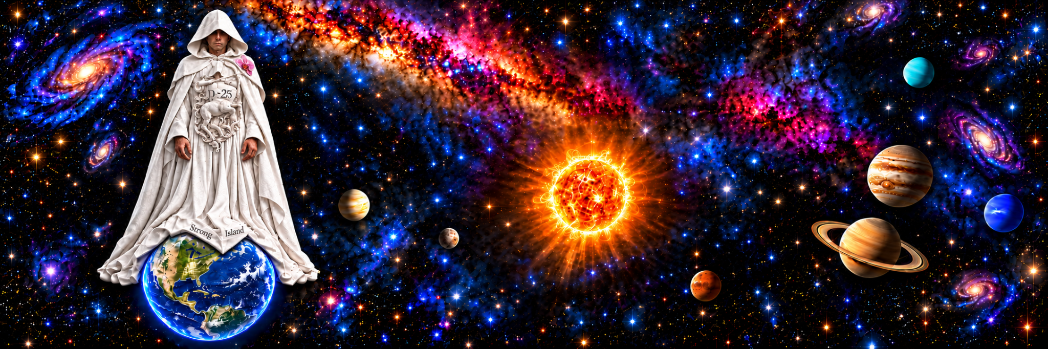 A hooded Alex Wissner-Gross in an ivory centaur gown stands above Earth; a pointed hem marked Strong Island gestures toward North America while the Sun, planets and galaxies extend across the panorama.