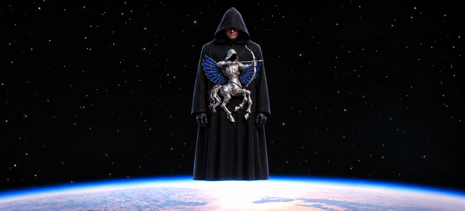 Philip Johnston wears a long black hooded robe above Earth’s blue horizon. A silver hooded centaur archer with blue solar-panel wings and D18 lettering forms an elaborate emblem across his torso.