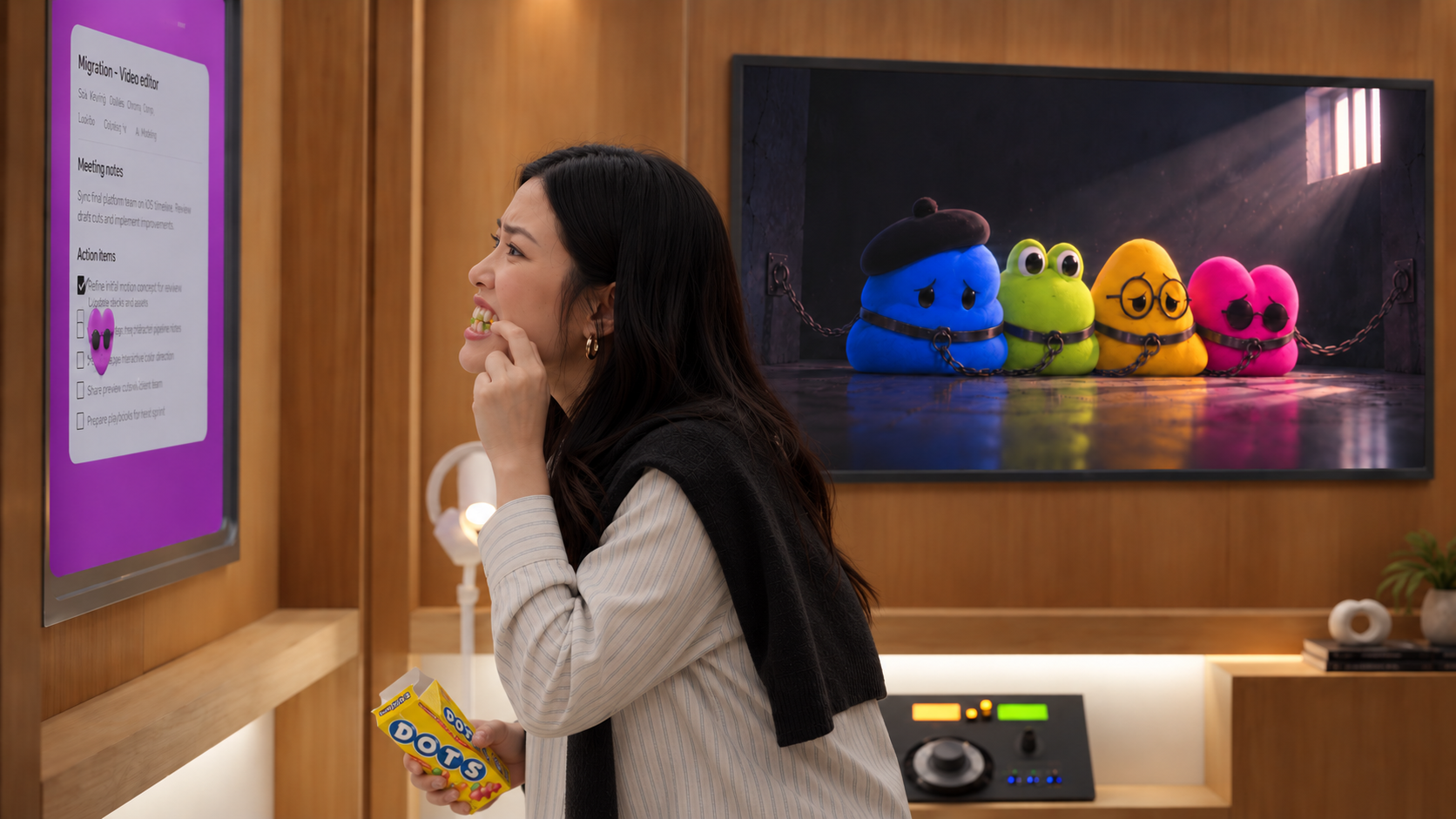 In a wood-paneled room, a woman holds a yellow DOTS box and picks candy from her teeth while looking at a purple screen. A framed picture behind her shows blue, green, yellow and pink figures in chains.