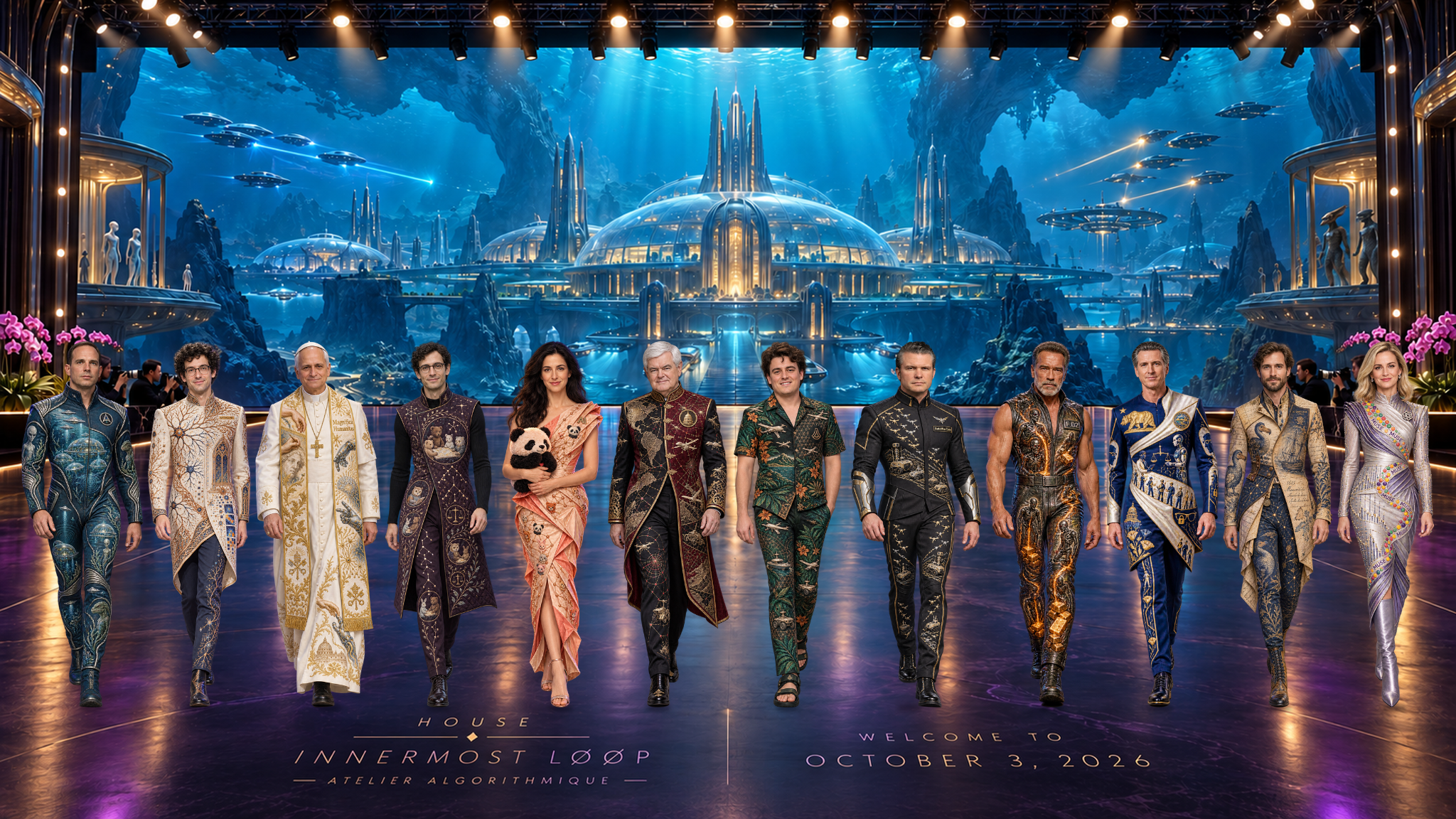 Twelve figures in elaborate couture walk across a reflective violet runway before a blue and gold underwater city, flanked by photographers and pink orchids. Their order is David Grusch, Chris Olah, Pope Leo XIV, Holden Karnofsky, Daniela Amodei, Newt Gingrich, Palmer Luckey, Pete Hegseth, Arnold Schwarzenegger, Gavin Newsom, Benjamin Breen and Sarah Friar.