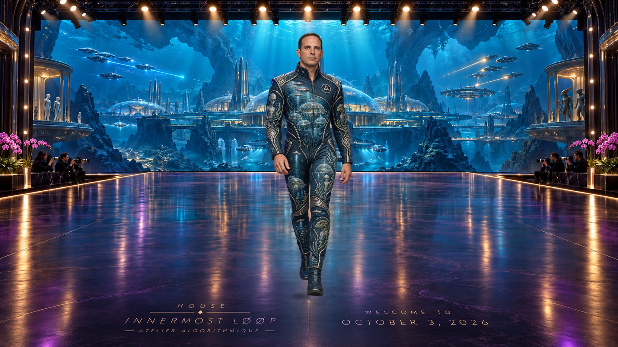 David Grusch wears a fitted teal flight suit with silver curved seams, tiny saucers and domed-city patterns, walking alone on the reflective runway before the imagined underwater city.