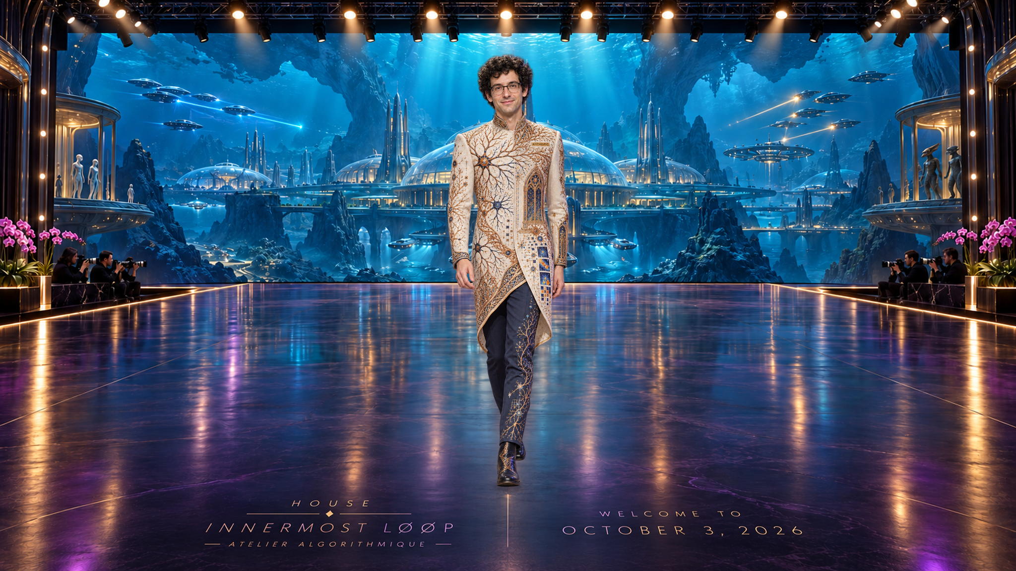 Chris Olah walks in an ivory asymmetrical tunic with copper branching embroidery and a pointed church-window motif over ink-blue trousers, against the blue underwater runway backdrop.