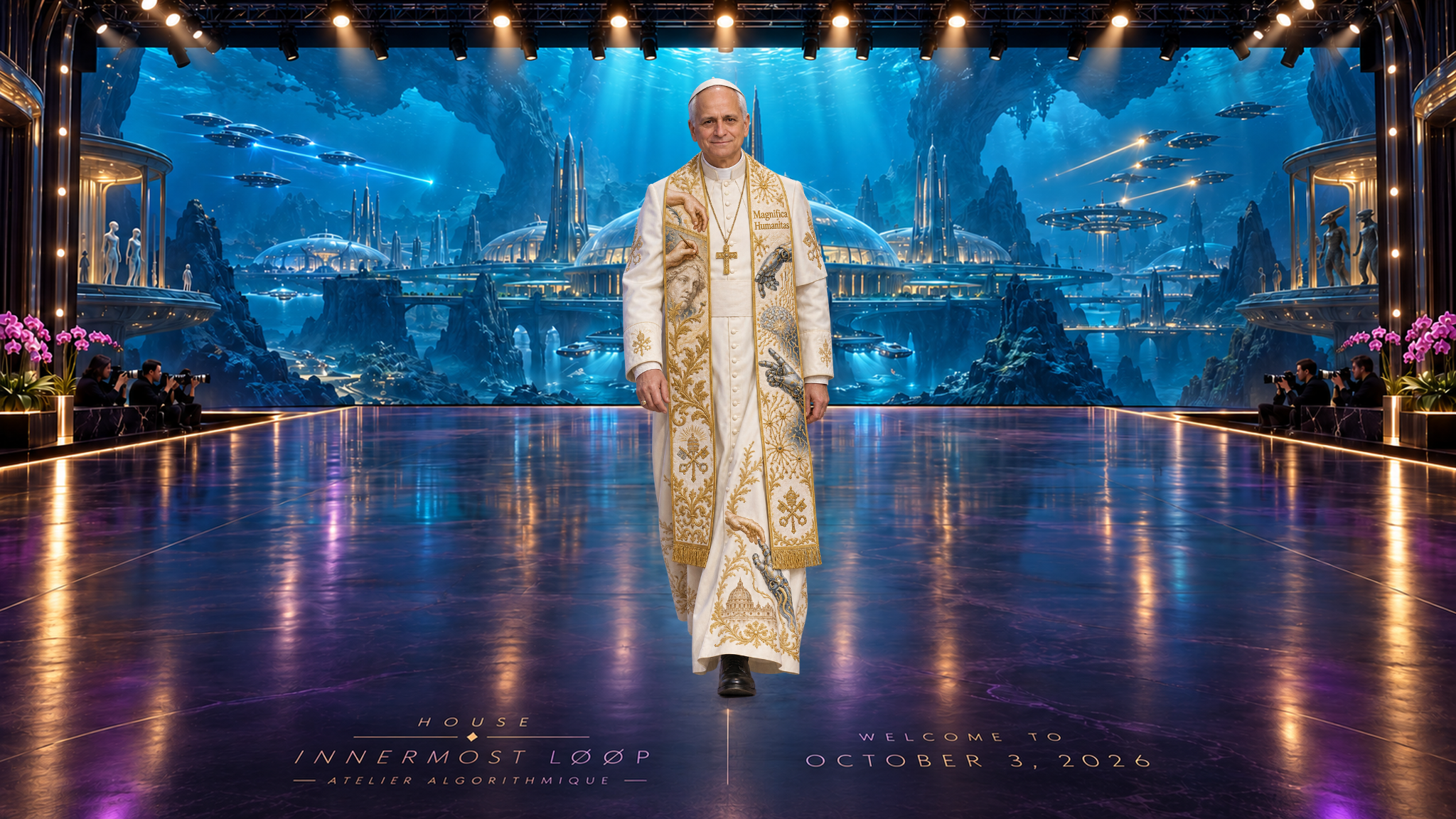 Pope Leo XIV advances in white and ivory papal vestments, a white skullcap and a richly embroidered gold stole, with a gold cross against the underwater-city fashion backdrop.