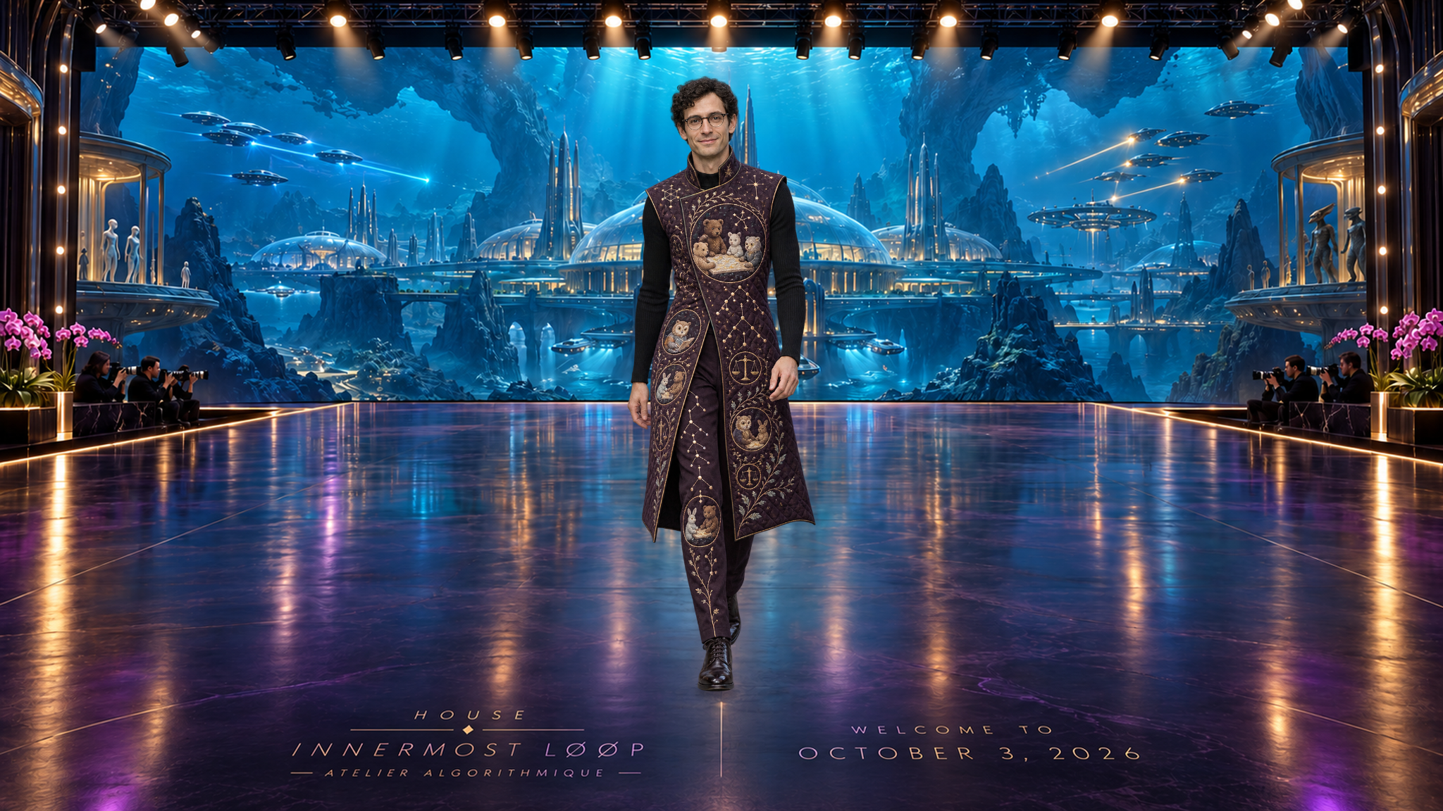 Holden Karnofsky walks in a long plum quilted tabard over dark sleeves and trousers, with gold balance motifs and a circular embroidered group of stuffed animals on his chest.