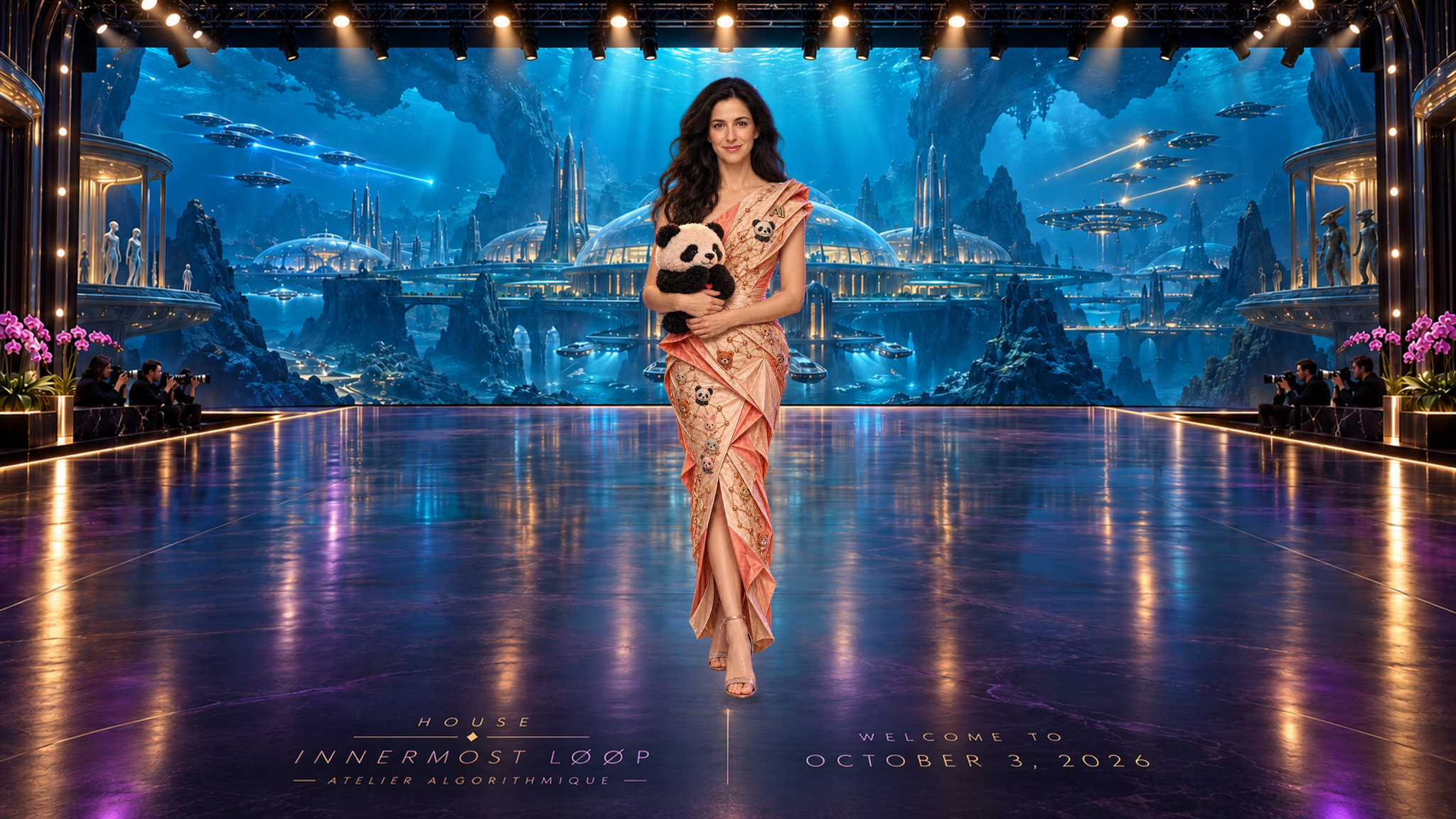 Daniela Amodei walks in an angular coral and champagne gown with small animal emblems and gold connecting lines, holding a black-and-white plush panda in front of the blue underwater city.