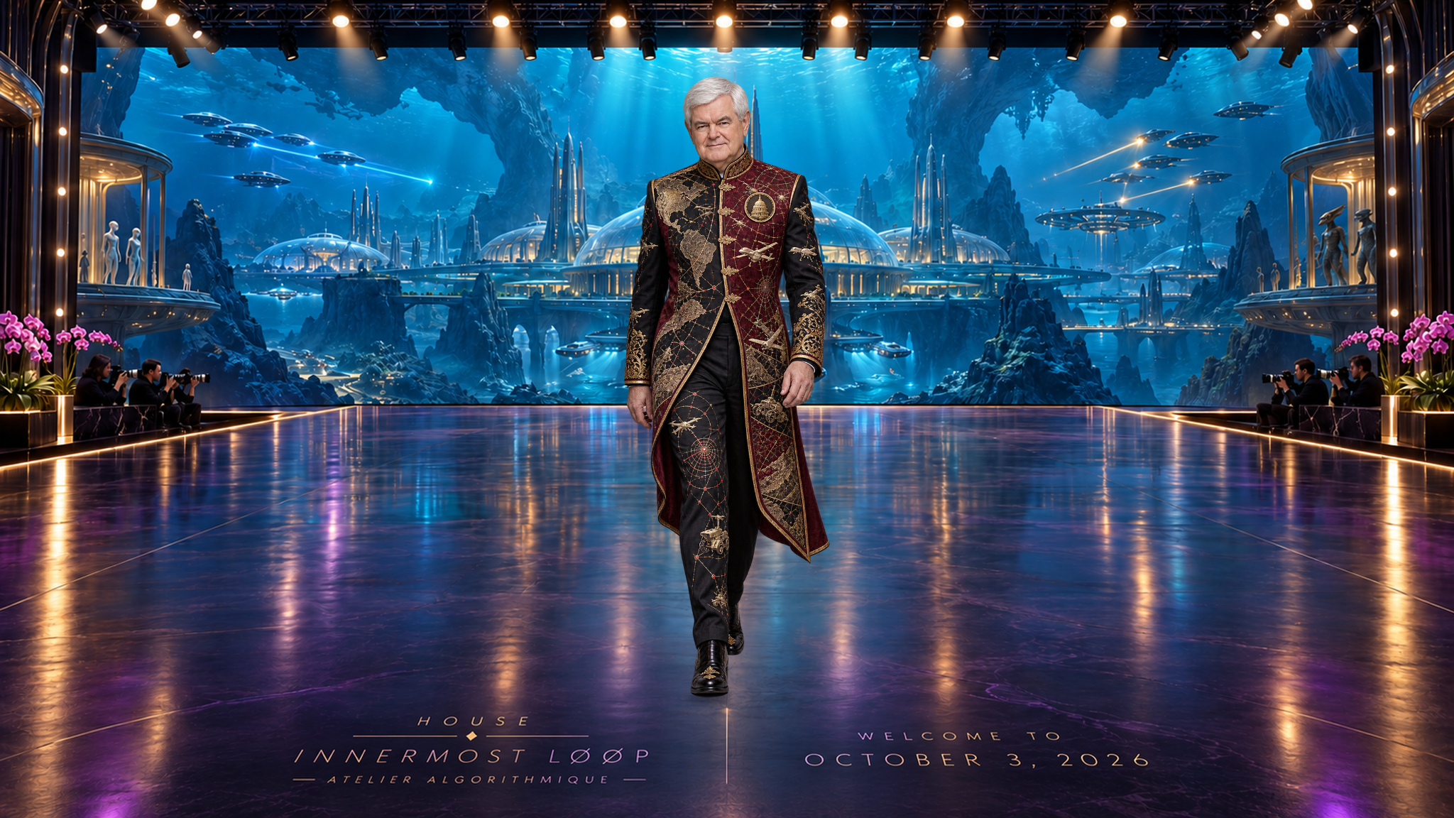 Newt Gingrich wears a burgundy, black and antique-gold standing-collar coat with long fitted panels, maps, linked points, a Capitol emblem and miniature machine motifs.