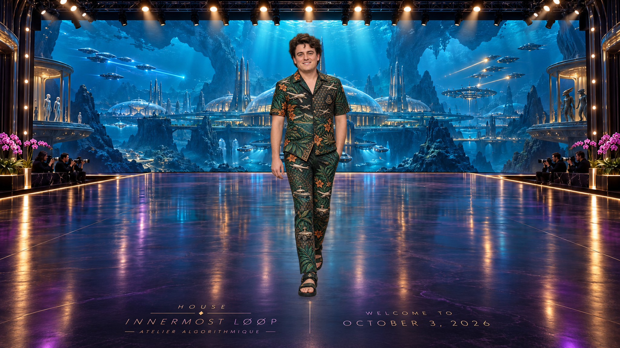 Palmer Luckey walks in a deep-green Hawaiian-style shirt and matching trousers patterned with orange flowers and small machines, wearing technical sandals on the reflective runway.
