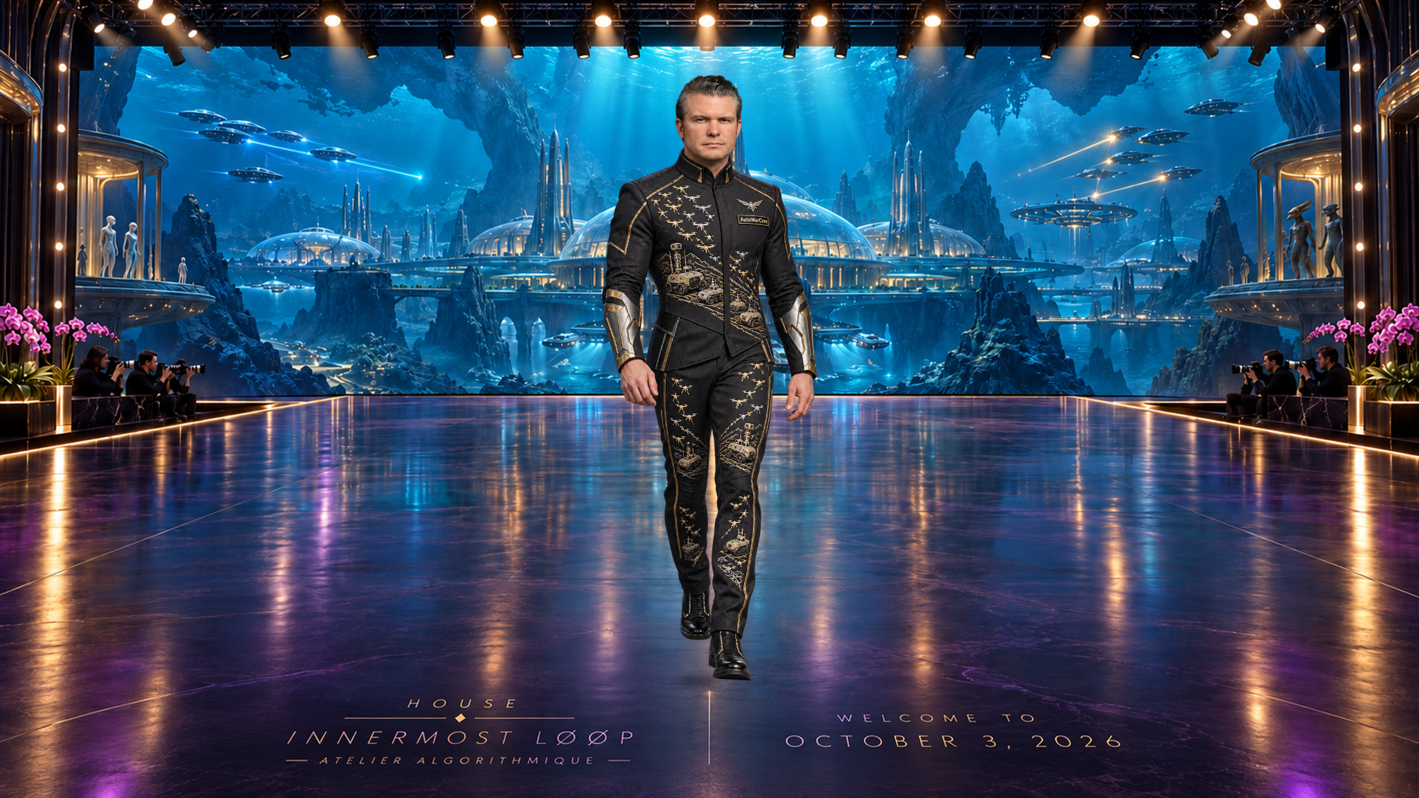 Pete Hegseth wears fitted black and charcoal technical tailoring with gold machine formations, AutoWarCom lettering and articulated metallic forearm pieces; his hands remain exposed.