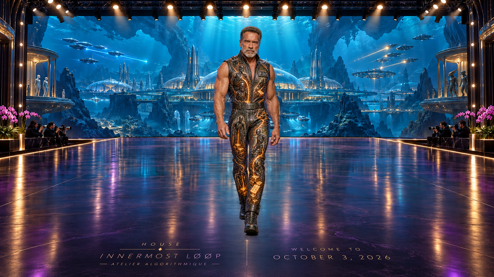 Arnold Schwarzenegger walks in a sleeveless gunmetal biker jumpsuit with glowing amber channels, robotic skeleton patterns and a small Figure F.02 reference, against the cool blue city.