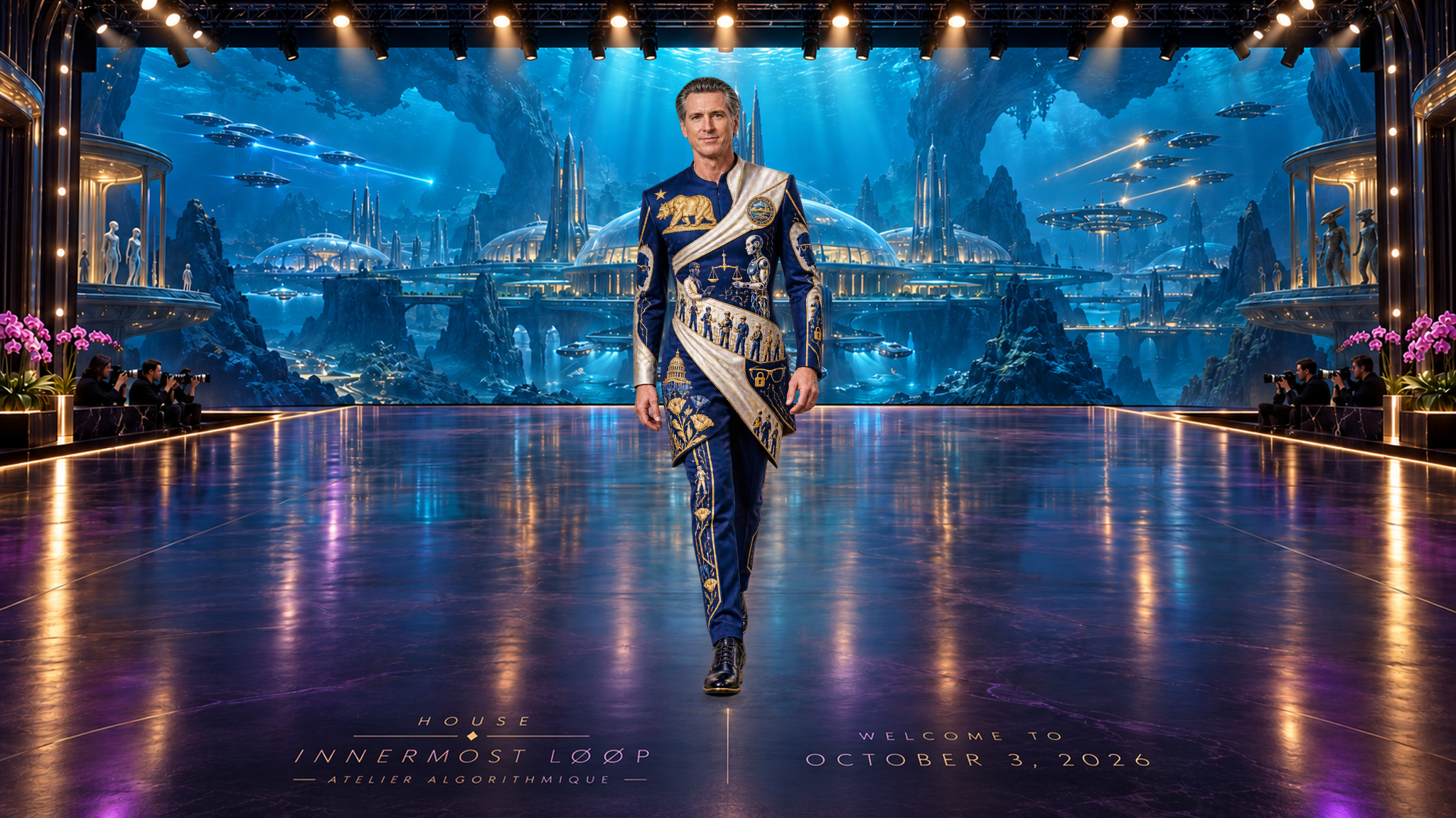 Gavin Newsom wears a cobalt tunic crossed by pale diagonal drapery with gold workers, machines, scales and California bear motifs, with small spectacles and a lock near the torso.