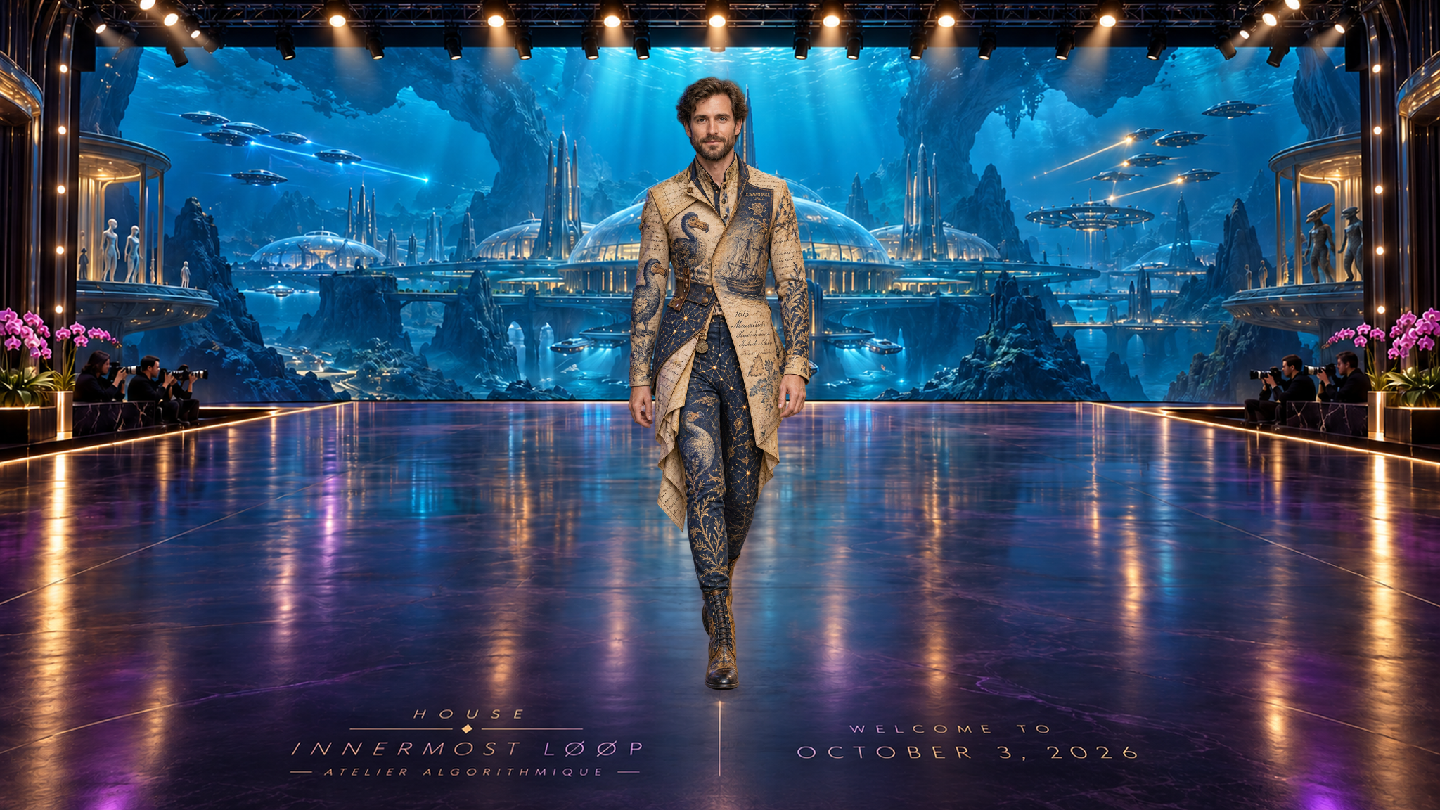Benjamin Breen walks in a layered parchment-colored coat with dodos, a sailing ship and manuscript-like marks, paired with ink-blue panels and fine gold networks.