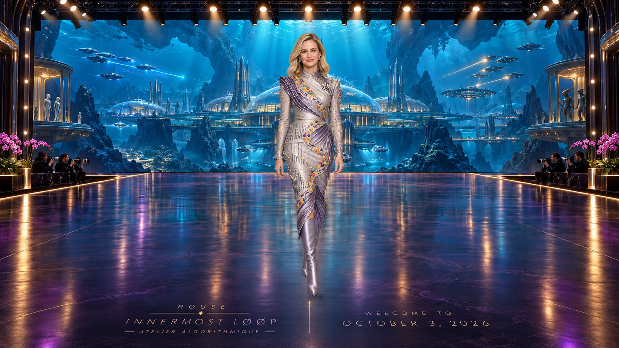 Sarah Friar wears sculptural silver-and-violet pleats, repeated MUSE ribbons, colored dots and tall metallic boots, with a small OpenAI knot at the upper chest.