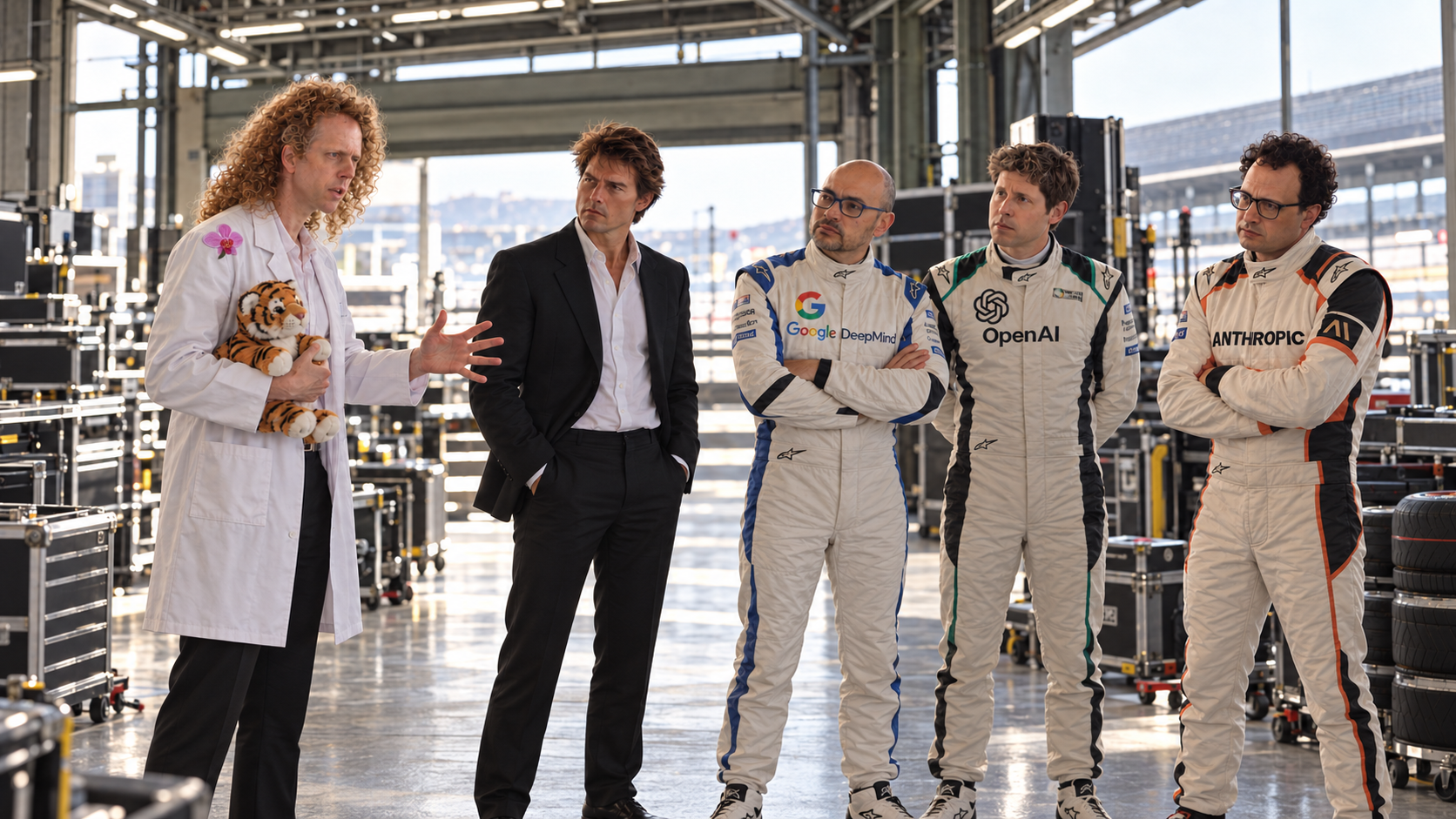 In a sunlit racing garage, a Wissner-Gross and Nicole Kidman hybrid with red curls, white coat and pink orchid holds a plush tiger while addressing Tom Cruise in a black suit and Demis Hassabis, Sam Altman and Dario Amodei in Google DeepMind, OpenAI and Anthropic racing suits.