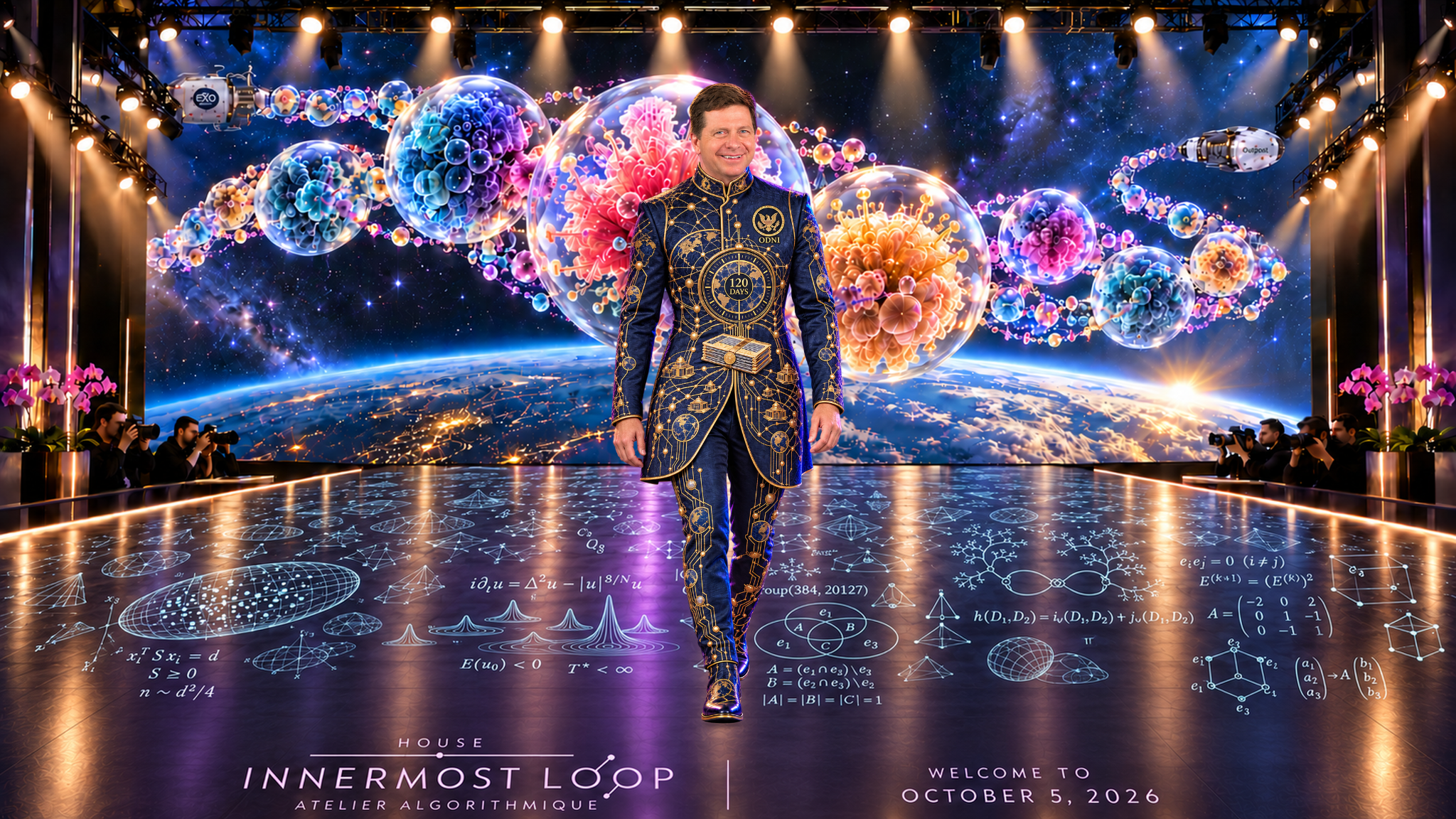 Jay Clayton appears alone in an imaginative couture portrait. Midnight-navy ceremonial tunic, gold piping and raised embroidery, standing collar, matching trousers and boots. A reflective mathematical runway, pink orchids and photographer pits sit before Earth and large speculative cellular cultures between Exobiosphere and Outpost spacecraft cues.