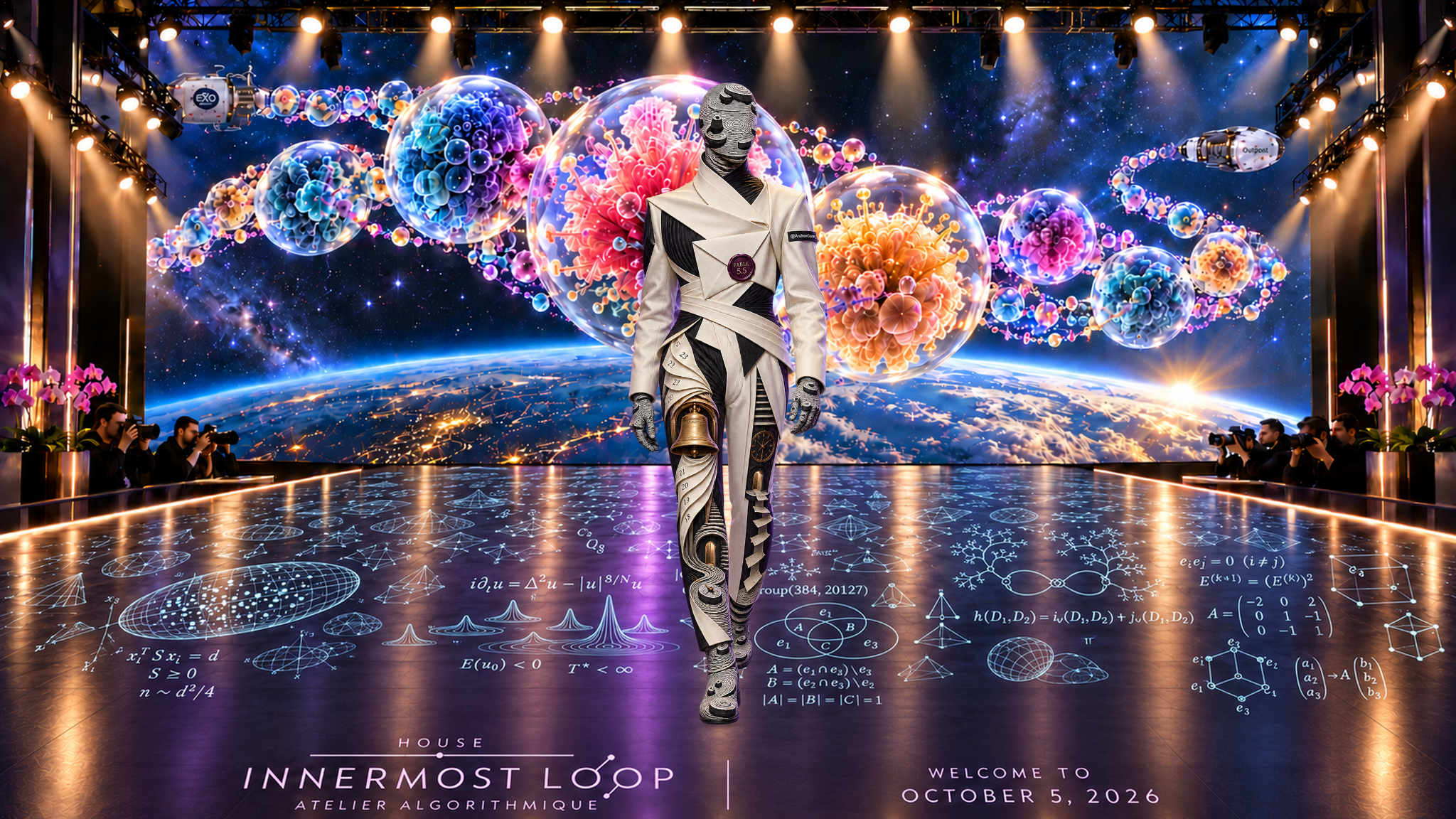 Andrew Curran appears alone in an imaginative couture portrait. Ivory origami-like wrap top, black pleated insets, close trousers, engraved avatar head and hands, coordinated boots. A reflective mathematical runway, pink orchids and photographer pits sit before Earth and large speculative cellular cultures between Exobiosphere and Outpost spacecraft cues.