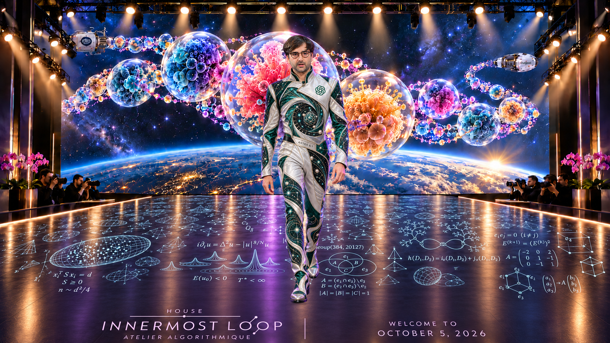 Thibault Sottiaux appears alone in an imaginative couture portrait. Pearl-silver and emerald sculptural flight-suit silhouette, curved textile panels, compact collar and coordinated boots. A reflective mathematical runway, pink orchids and photographer pits sit before Earth and large speculative cellular cultures between Exobiosphere and Outpost spacecraft cues.
