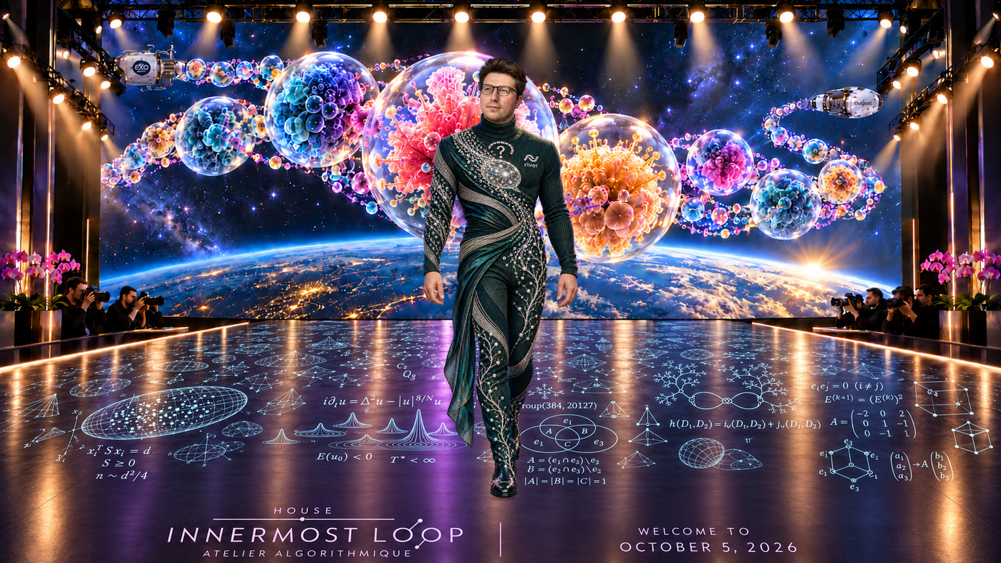 Igor Babuschkin appears alone in an imaginative couture portrait. Forest-green and petrol-teal rib knit with lustrous wrapped sections, high collar, silver embroidery and narrow side drape. A reflective mathematical runway, pink orchids and photographer pits sit before Earth and large speculative cellular cultures between Exobiosphere and Outpost spacecraft cues.