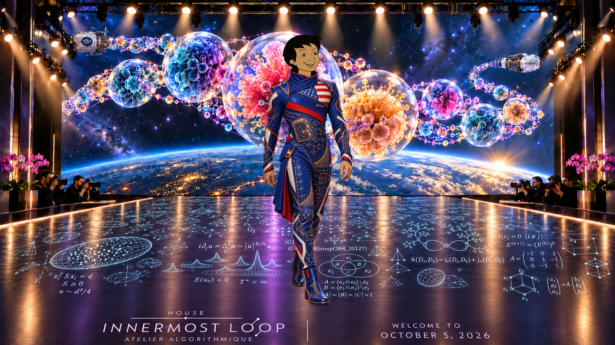 Roon appears alone in an imaginative couture portrait. Cartoon avatar head over cobalt technical knit with red, ivory and copper accents, wrap collar and narrow pleated side panel. A reflective mathematical runway, pink orchids and photographer pits sit before Earth and large speculative cellular cultures between Exobiosphere and Outpost spacecraft cues.