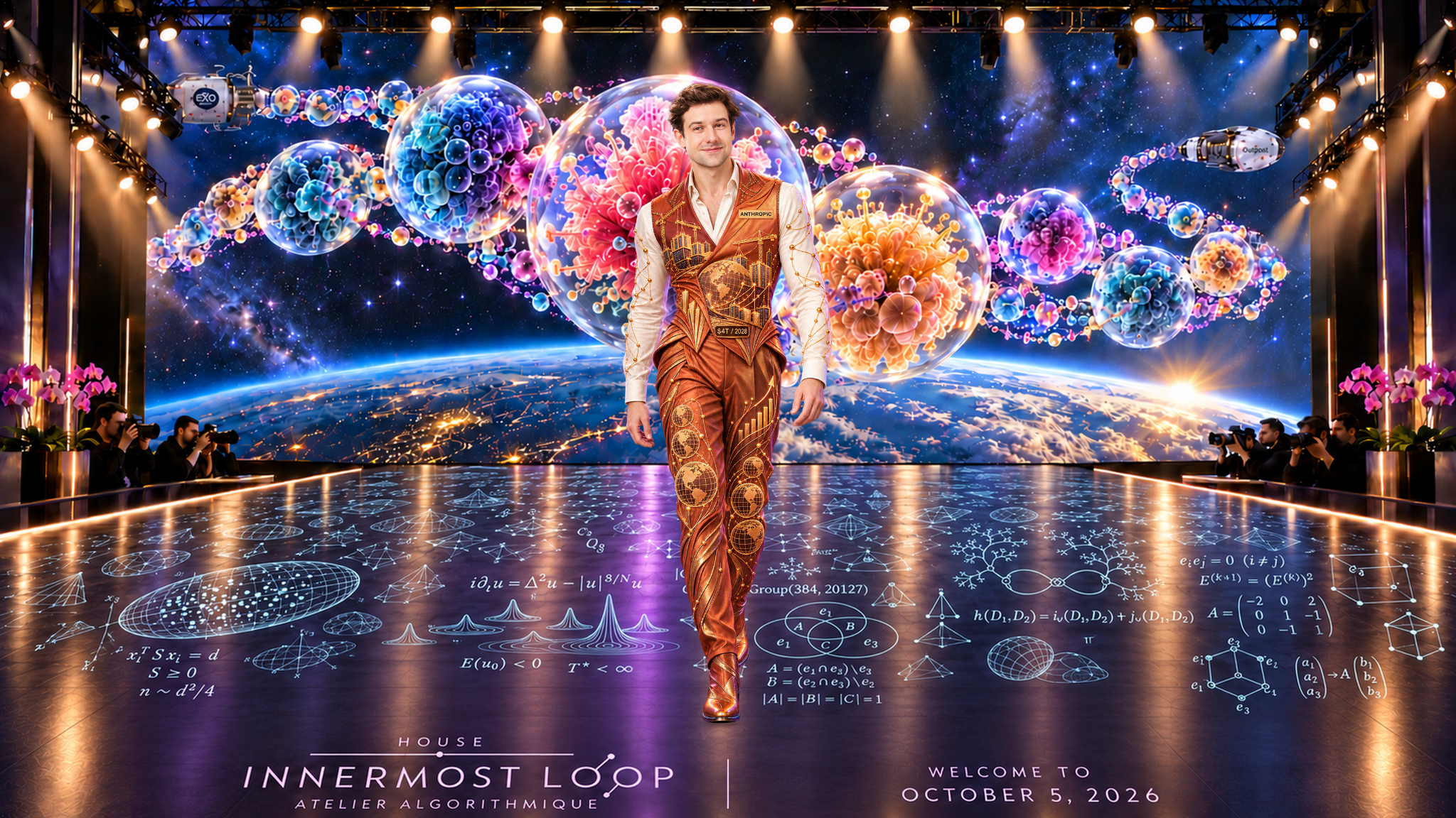 Sholto Douglas appears alone in an imaginative couture portrait. Sculptural copper and burnt-coral waistcoat over ivory sleeves, narrow architectural folds, copper trousers and matching boots. A reflective mathematical runway, pink orchids and photographer pits sit before Earth and large speculative cellular cultures between Exobiosphere and Outpost spacecraft cues.