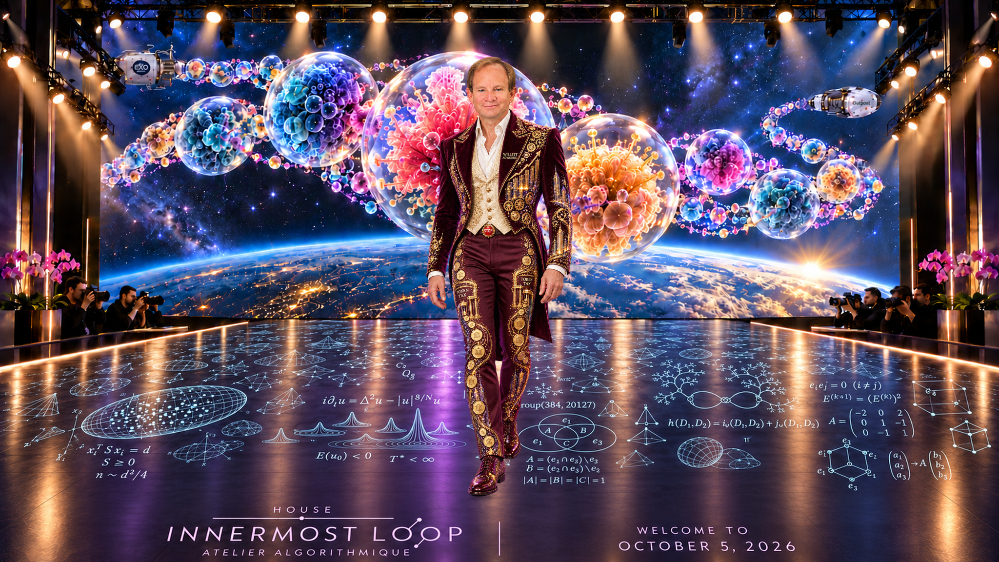Steven Rattner appears alone in an imaginative couture portrait. Burgundy and plum velvet opera tailcoat, ivory waistcoat, gold ornament, wine-colored trousers and boots. A reflective mathematical runway, pink orchids and photographer pits sit before Earth and large speculative cellular cultures between Exobiosphere and Outpost spacecraft cues.