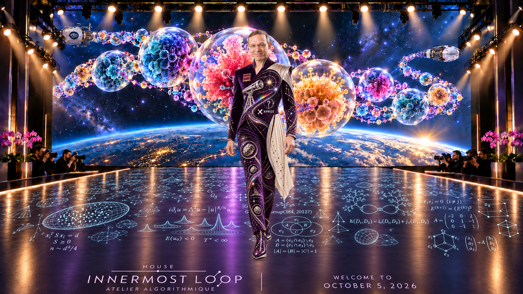 Avi Loeb appears alone in an imaginative couture portrait. Aubergine velvet one-piece, platinum-colored astronomical embroidery, asymmetric shoulder detail, narrow ivory pleat and matching footwear. A reflective mathematical runway, pink orchids and photographer pits sit before Earth and large speculative cellular cultures between Exobiosphere and Outpost spacecraft cues.