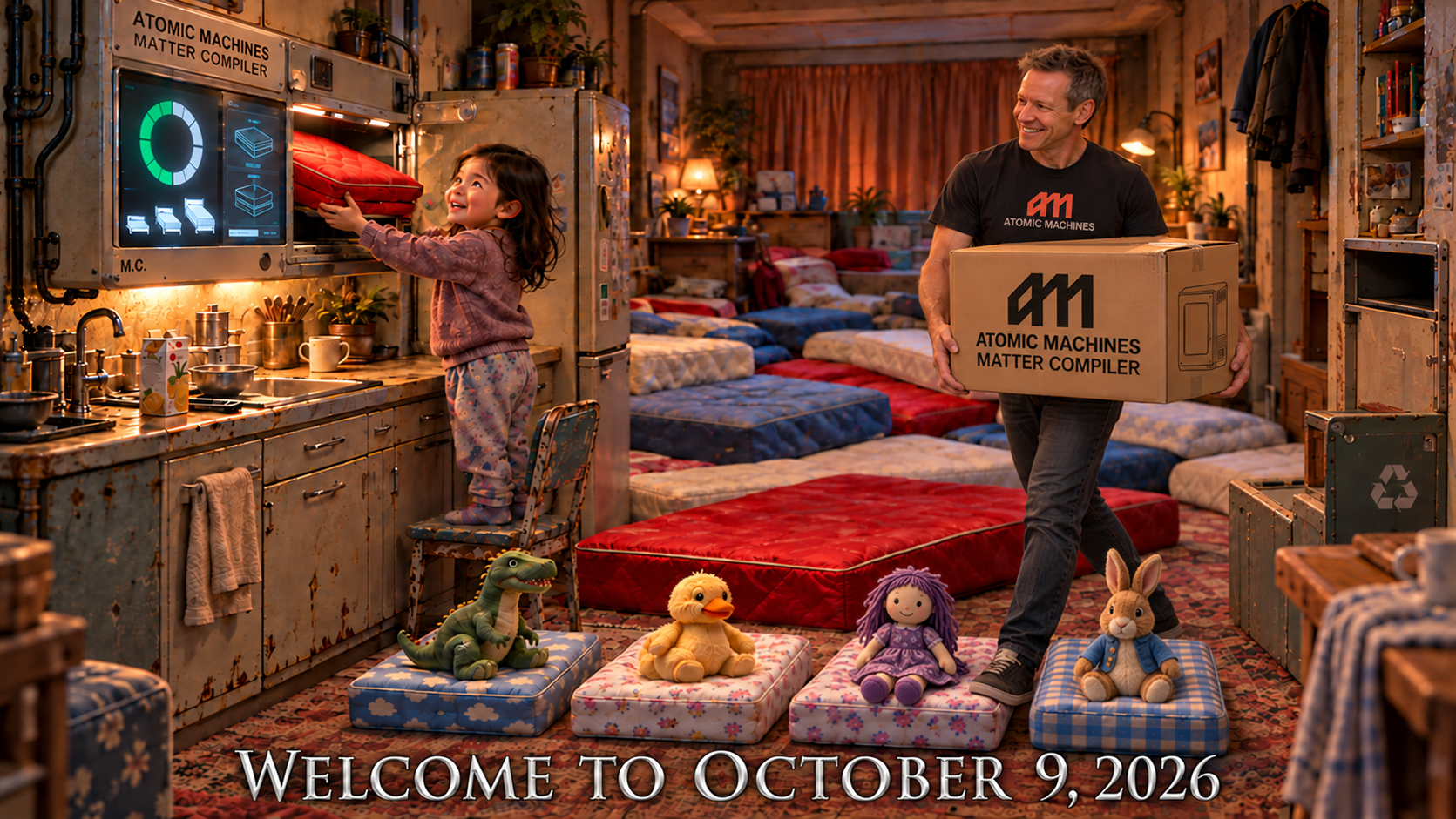 Nell stands on a chair at a fictional matter compiler in a worn apartment filled with mattresses. Dinosaur, Duck, Purple and Peter Rabbit sit on small beds; Jeff Holden stands at right holding an Atomic Machines box.