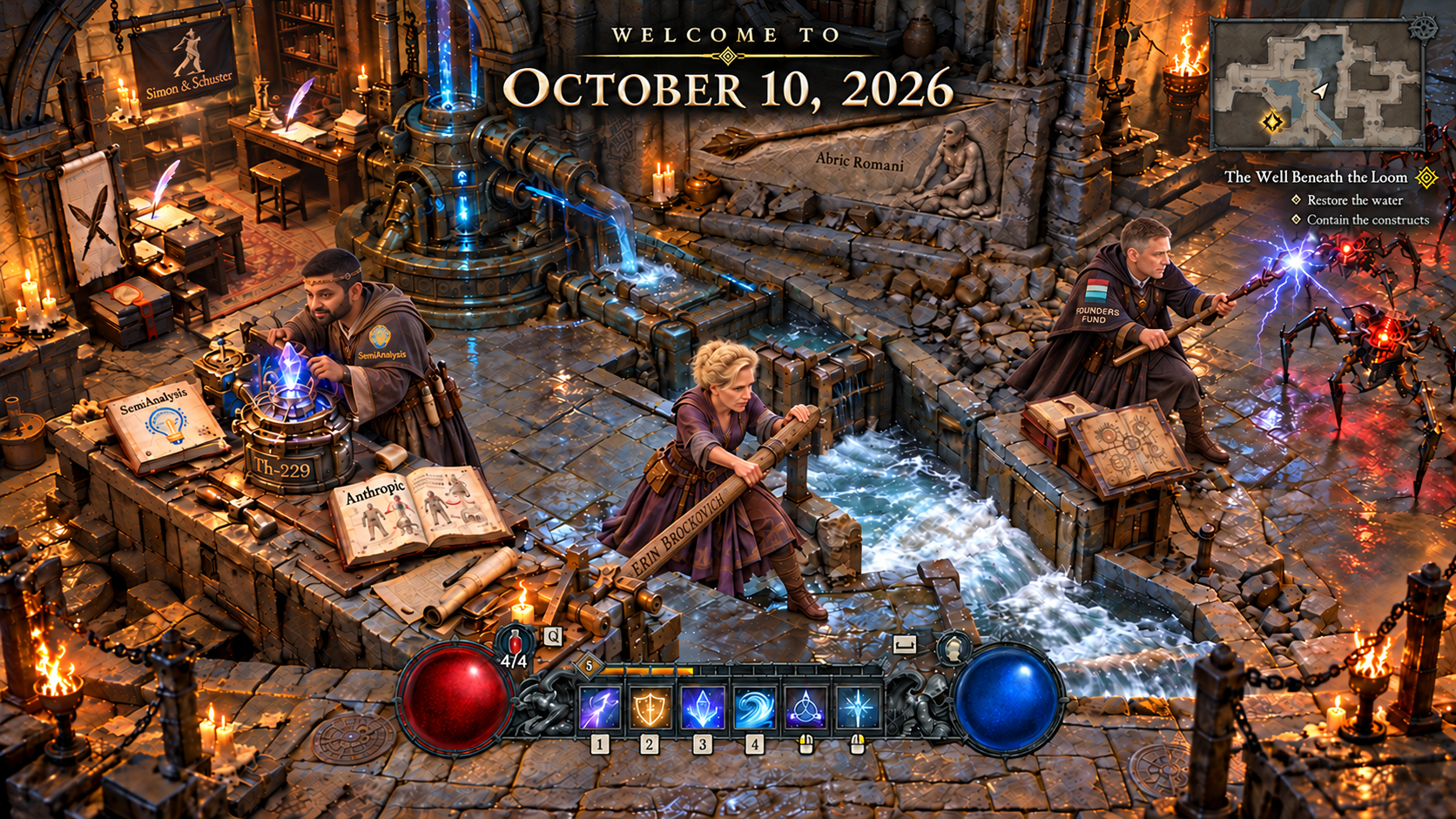 Diablo-inspired mechanical monastery: Dylan Patel studies a crystal apparatus at left, Erin Brockovich works a water gate at center, and Peter Thiel holds back hostile constructs with a violet-lightning staff at right.